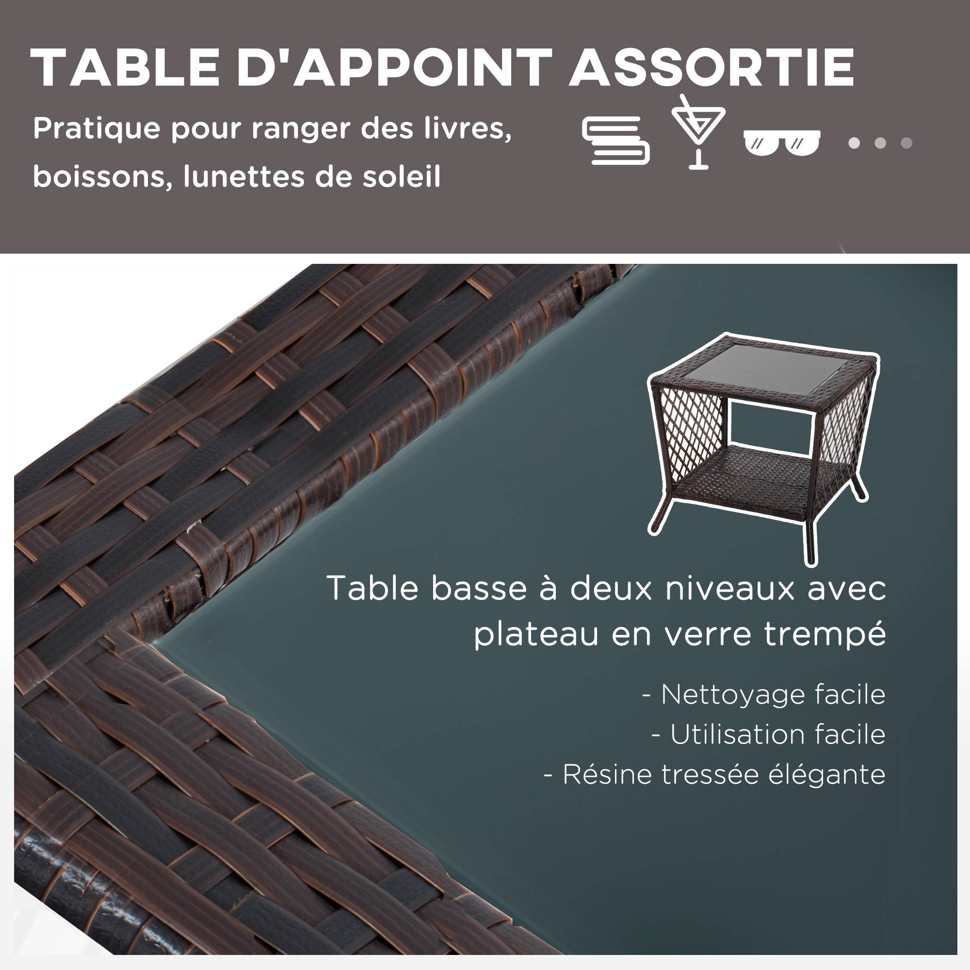 Outsunny - Bain de soleil transat design colonial avec table basse et matelas - dossier inclinable - résine tressée, polyester - marron crème - Outsunny - Imagen 6