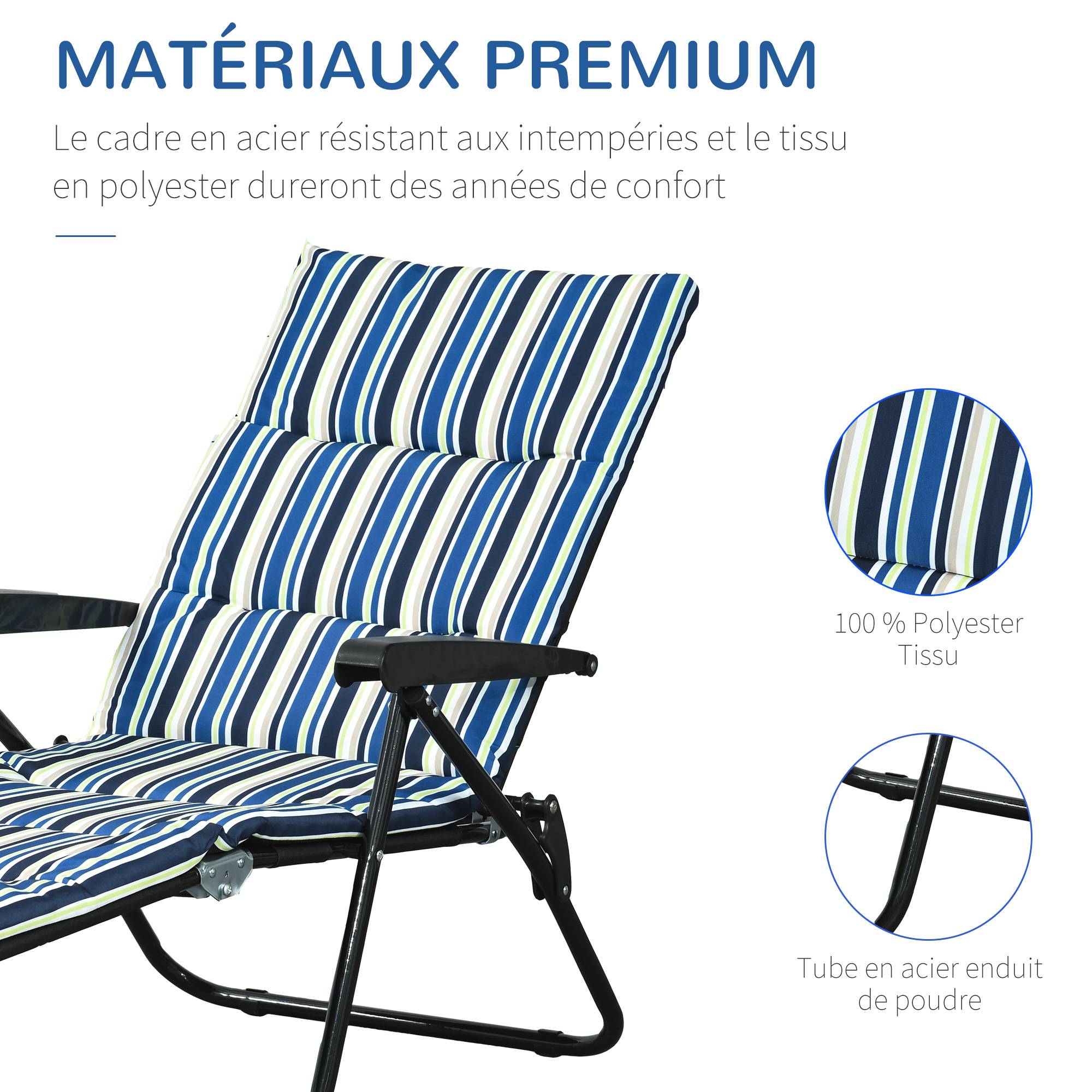 Outsunny - Bain de soleil pliable transat inclinable 6 positions grand confort avec matelas + accoudoirs acier polyester multicolore - Outsunny - Imagen 6