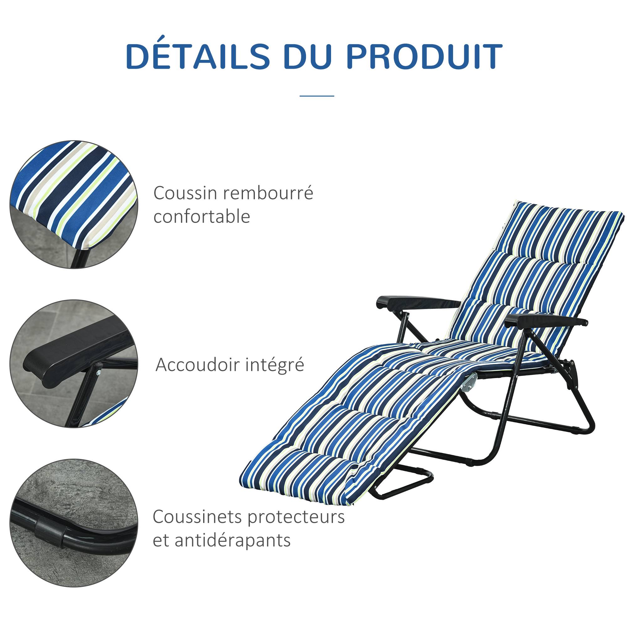 Outsunny - Bain de soleil pliable transat inclinable 6 positions grand confort avec matelas + accoudoirs acier polyester multicolore - Outsunny - Imagen 5