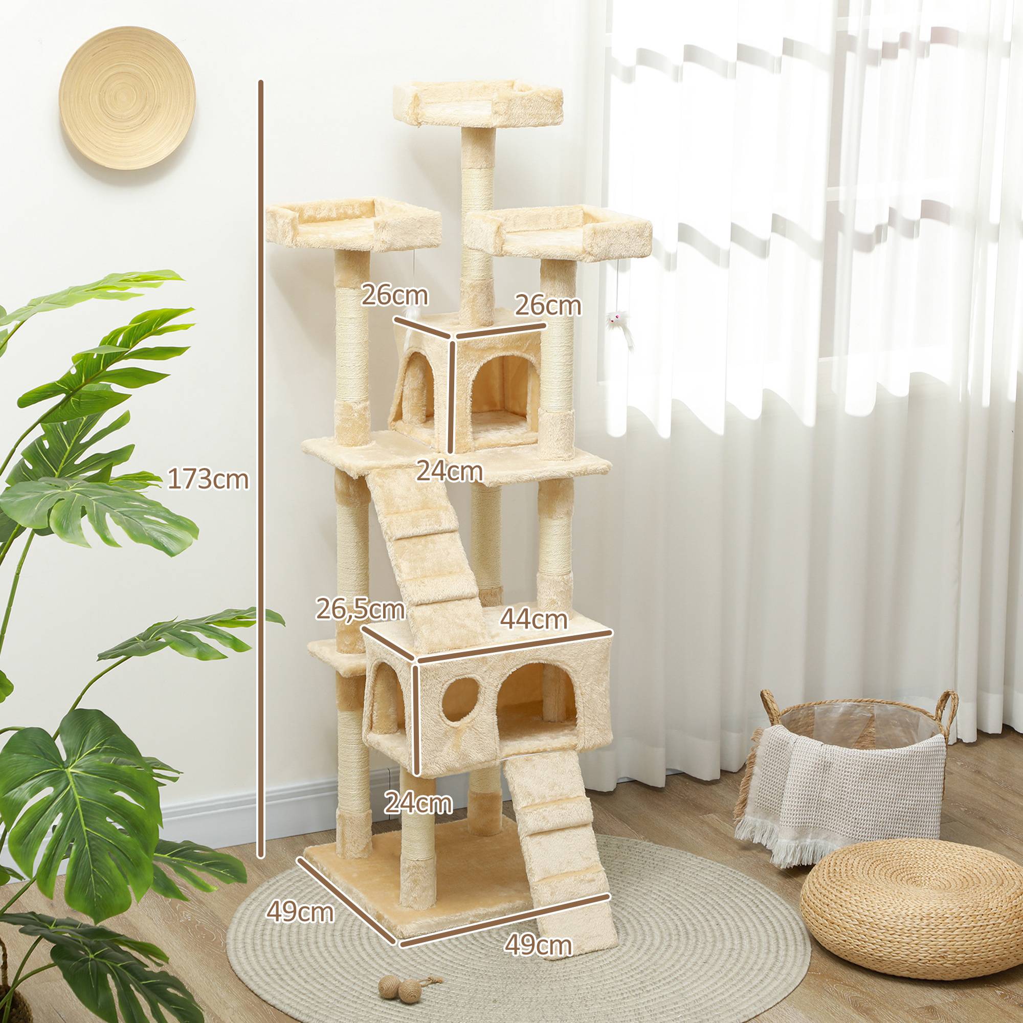 Arbre à chat à griffer, 173 cm, tour d'escalade avec 2 niches, 3 couchages, 2 rampes, poteaux en sisal, 2 souris suspendues, beige - Image 5