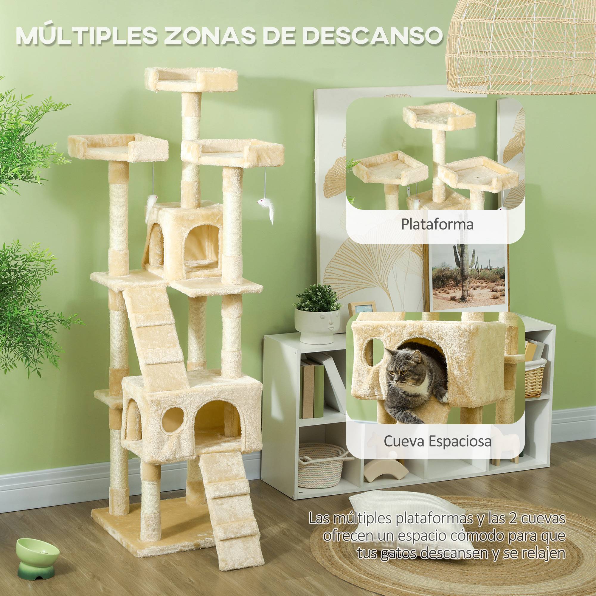 Arbre à chat à griffer, 173 cm, tour d'escalade avec 2 niches, 3 couchages, 2 rampes, poteaux en sisal, 2 souris suspendues, beige - Image 8