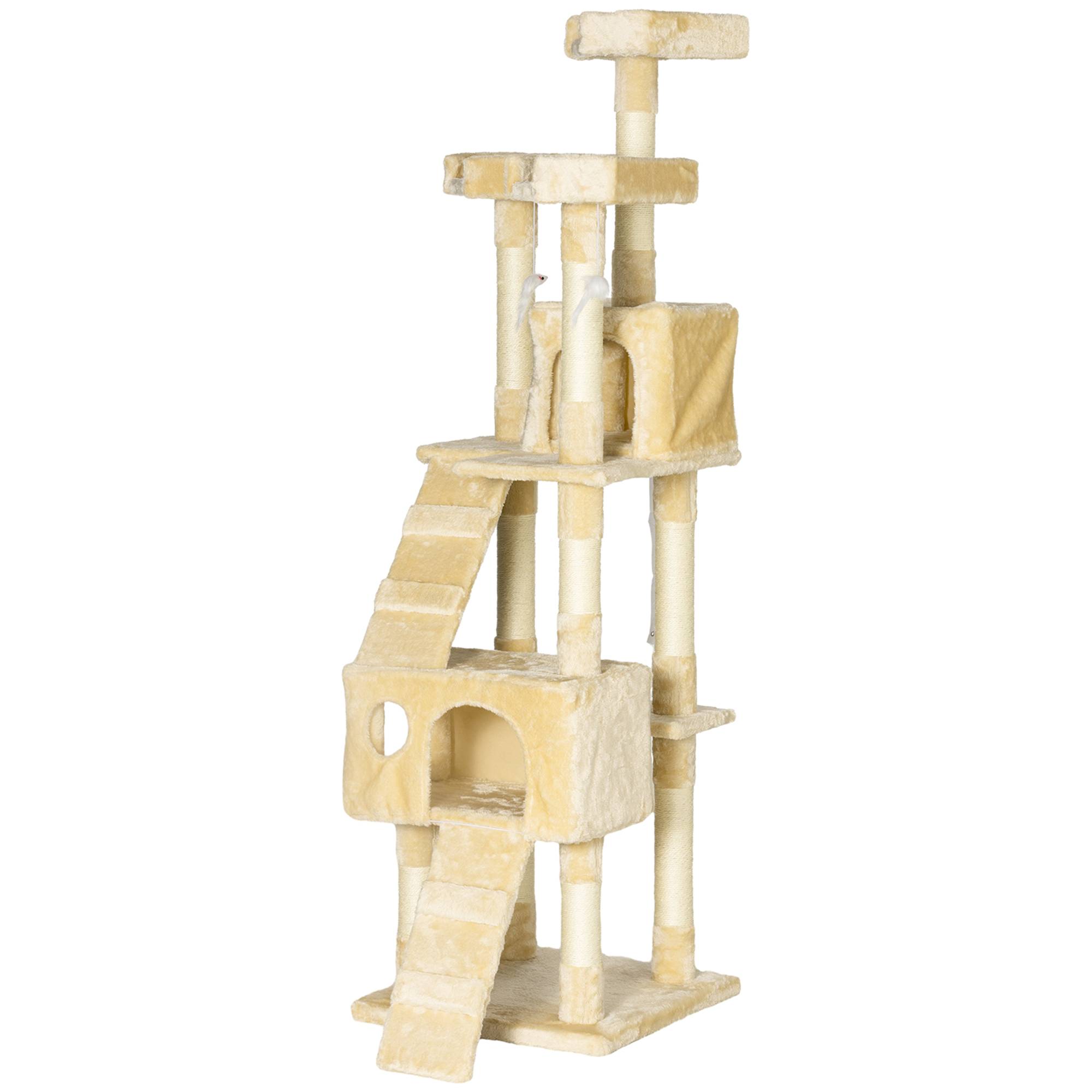 Arbre à chat à griffer, 173 cm, tour d'escalade avec 2 niches, 3 couchages, 2 rampes, poteaux en sisal, 2 souris suspendues, beige - Image 2