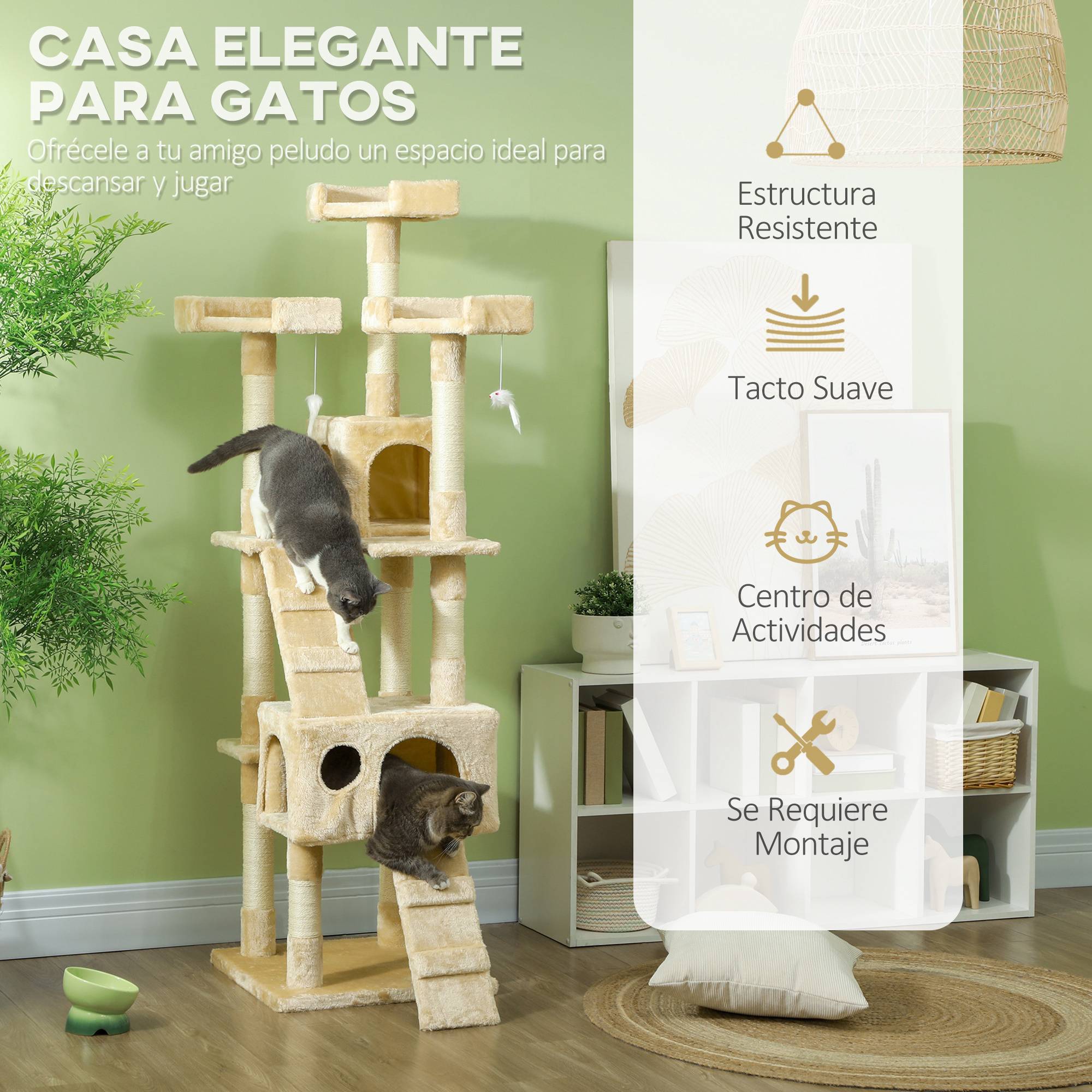 Arbre à chat à griffer, 173 cm, tour d'escalade avec 2 niches, 3 couchages, 2 rampes, poteaux en sisal, 2 souris suspendues, beige - Image 6