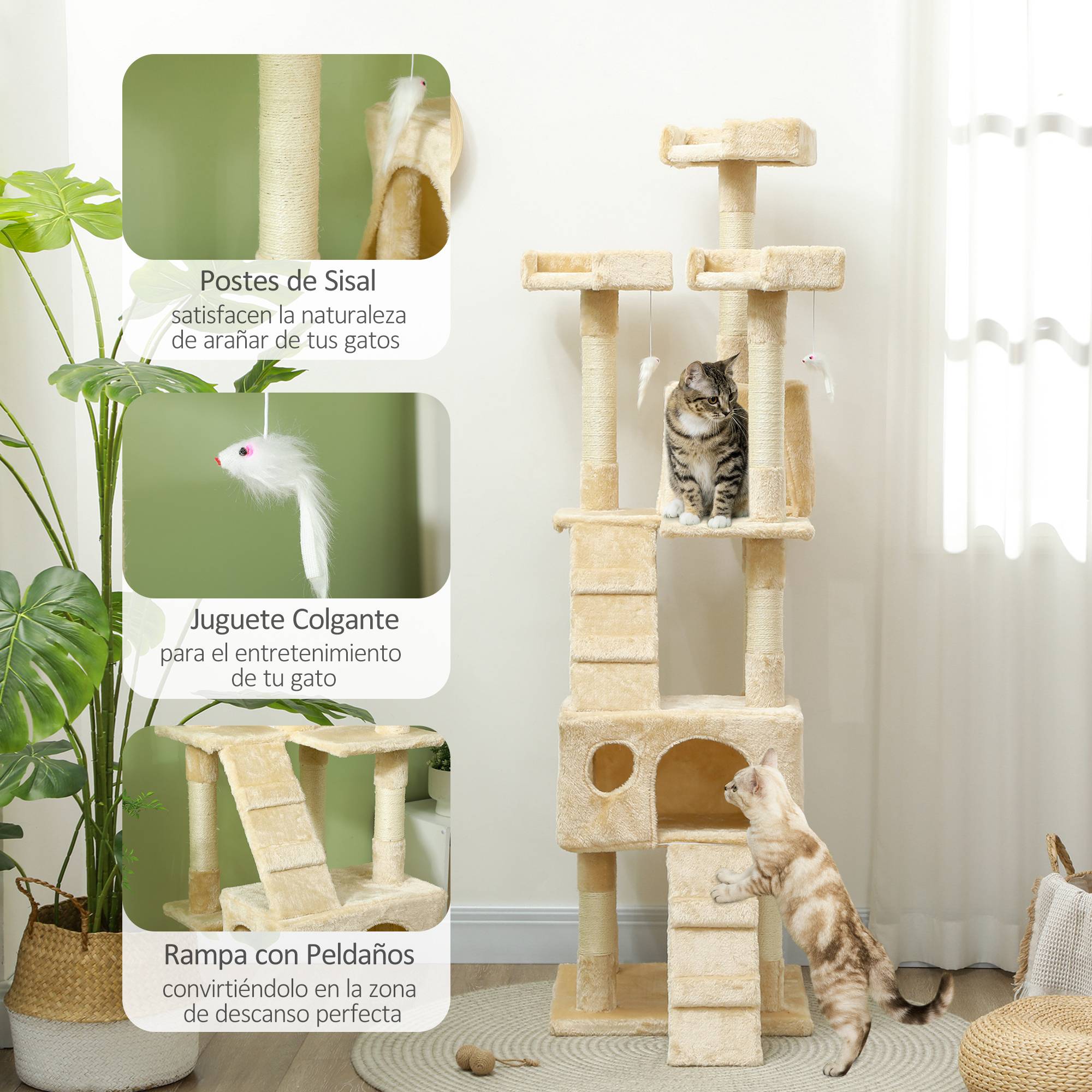 Arbre à chat à griffer, 173 cm, tour d'escalade avec 2 niches, 3 couchages, 2 rampes, poteaux en sisal, 2 souris suspendues, beige - Image 7