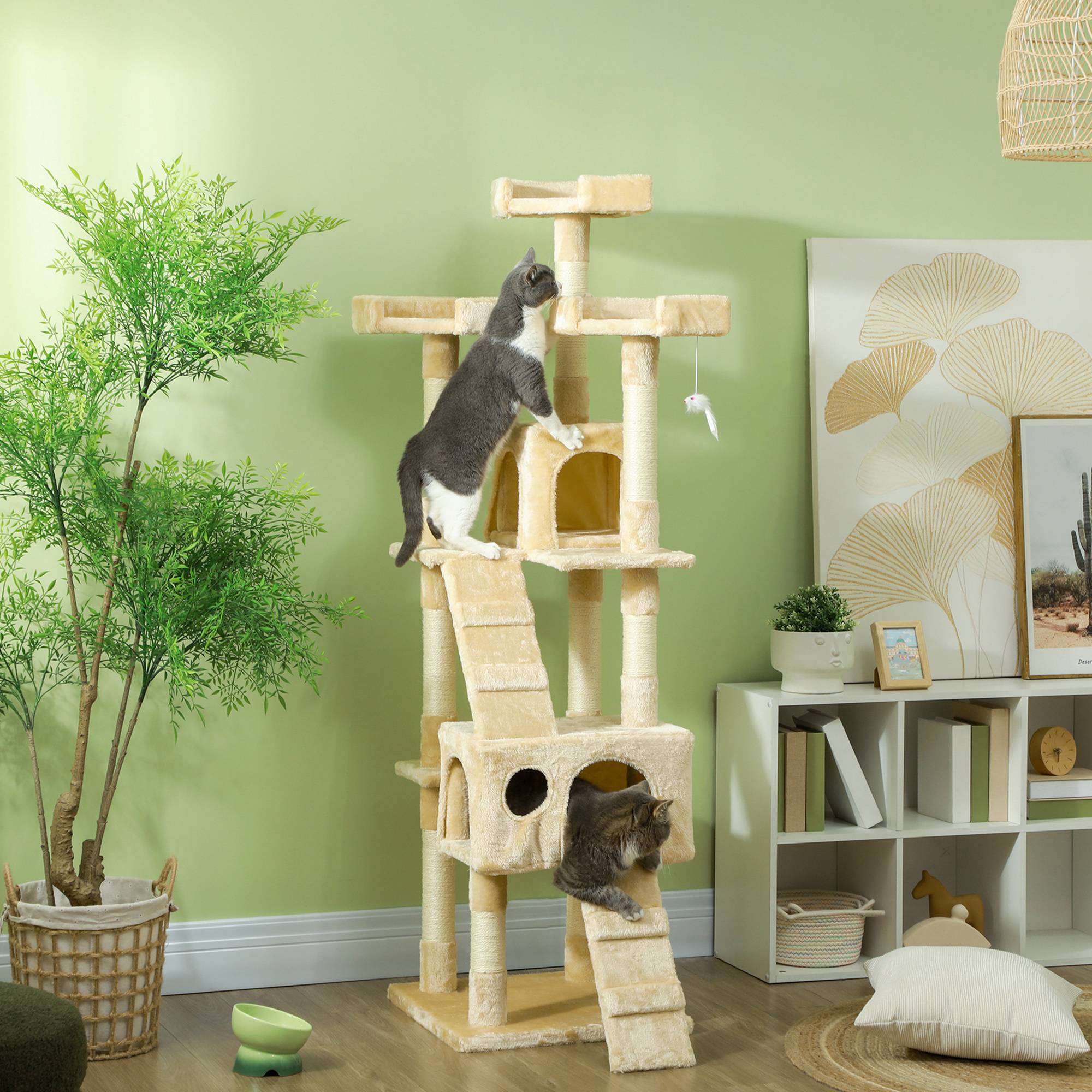 Arbre à chat à griffer, 173 cm, tour d'escalade avec 2 niches, 3 couchages, 2 rampes, poteaux en sisal, 2 souris suspendues, beige - Image 3
