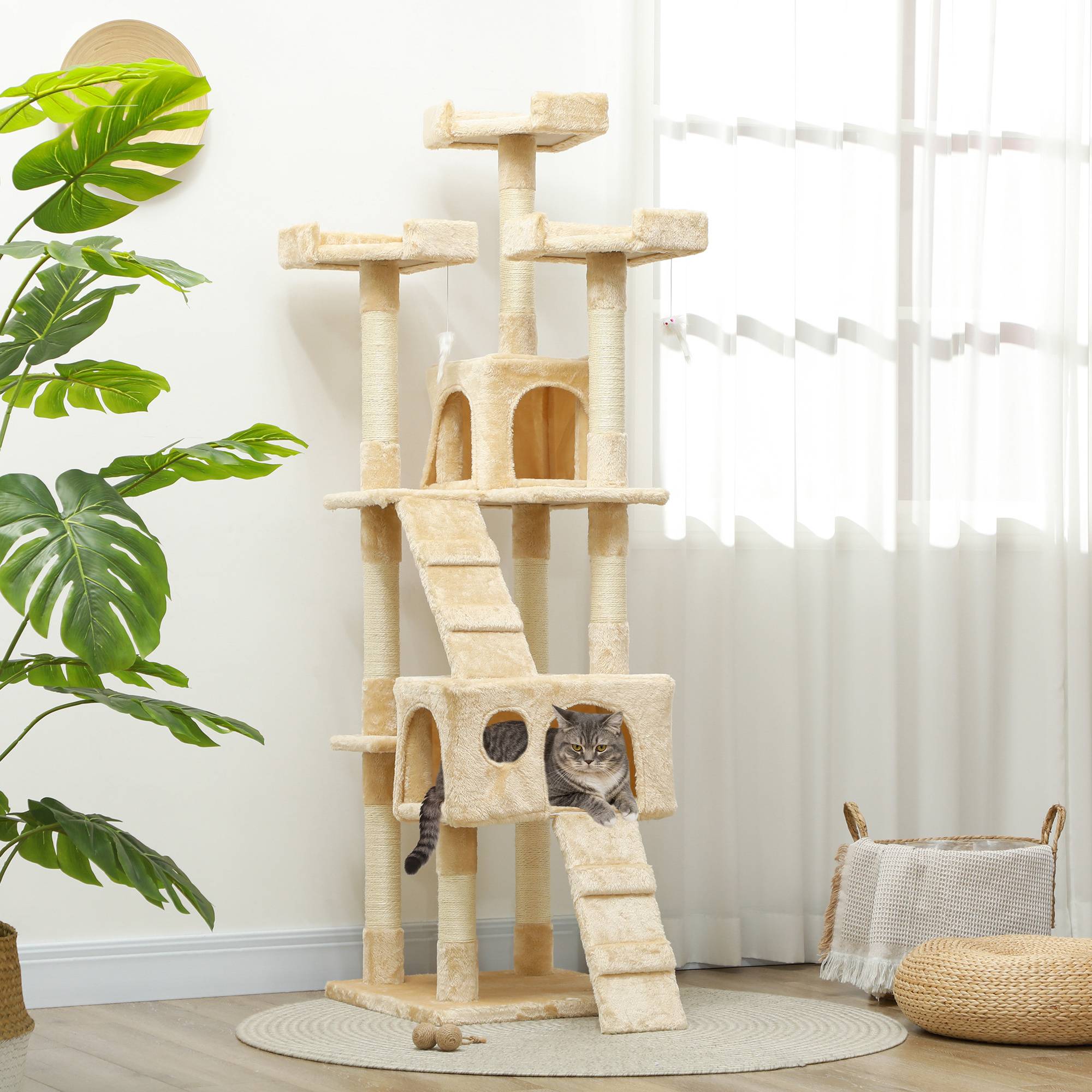 Arbre à chat à griffer, 173 cm, tour d'escalade avec 2 niches, 3 couchages, 2 rampes, poteaux en sisal, 2 souris suspendues, beige - Image 4