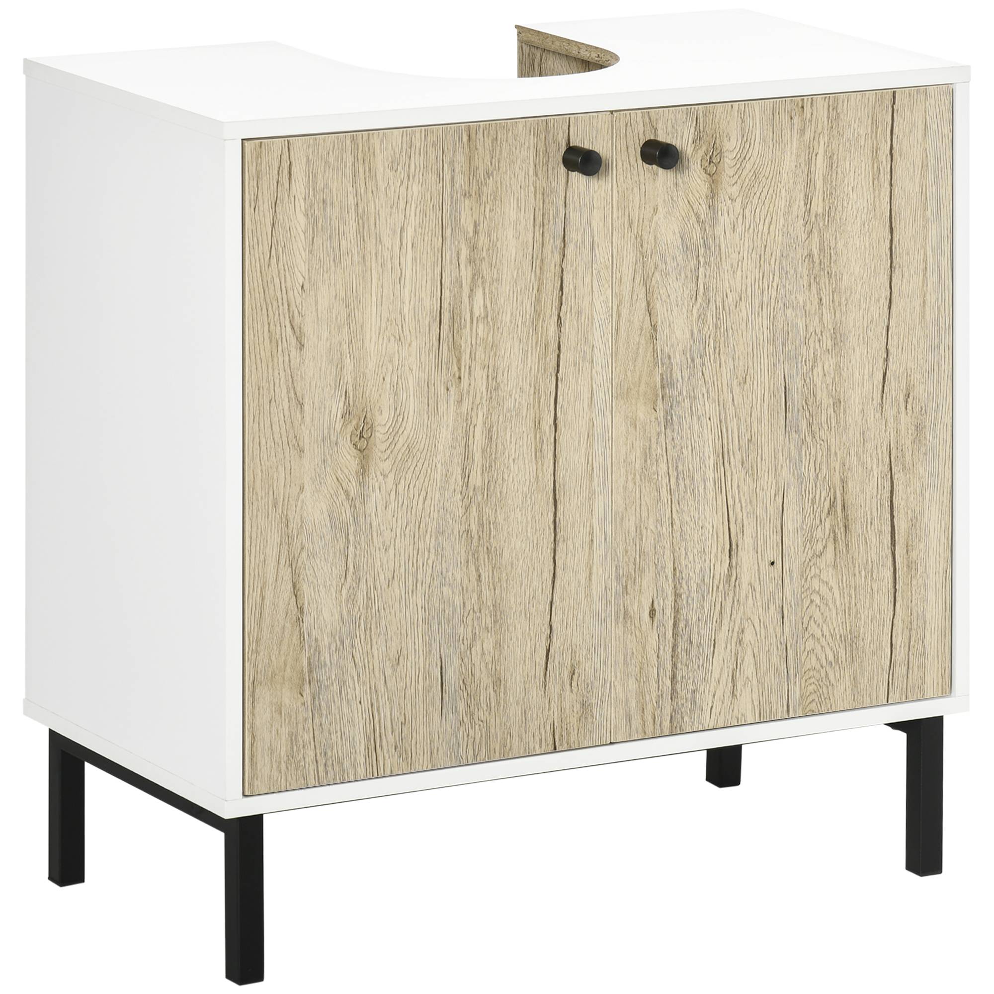 Sans Marque - Meuble sous-vasque salle bain 2 portes étagère intérieure aggloméré acier 60x30x60 cm blanc chêne - Image 1