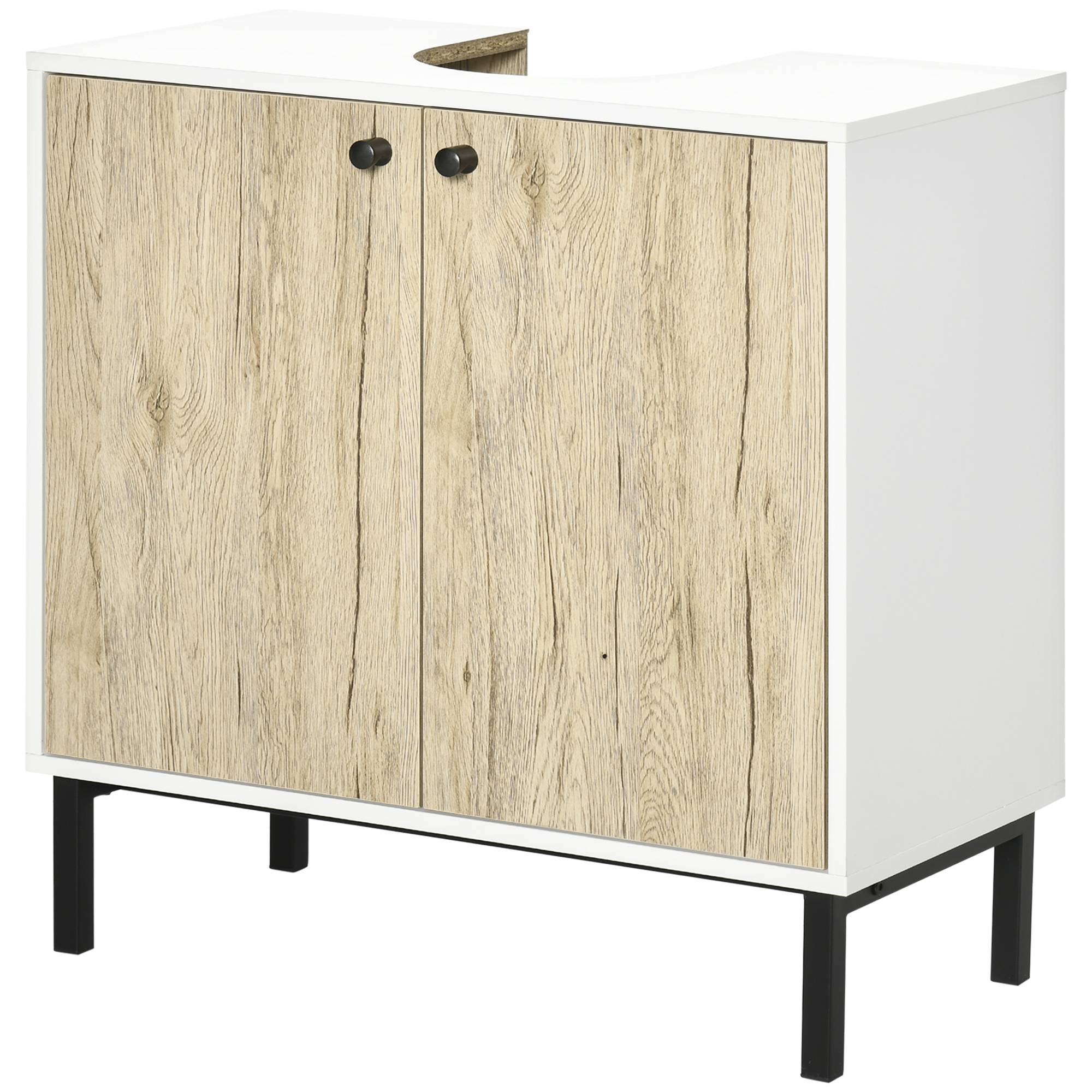 Sans Marque - Meuble sous-vasque salle bain 2 portes étagère intérieure aggloméré acier 60x30x60 cm blanc chêne - Image 2
