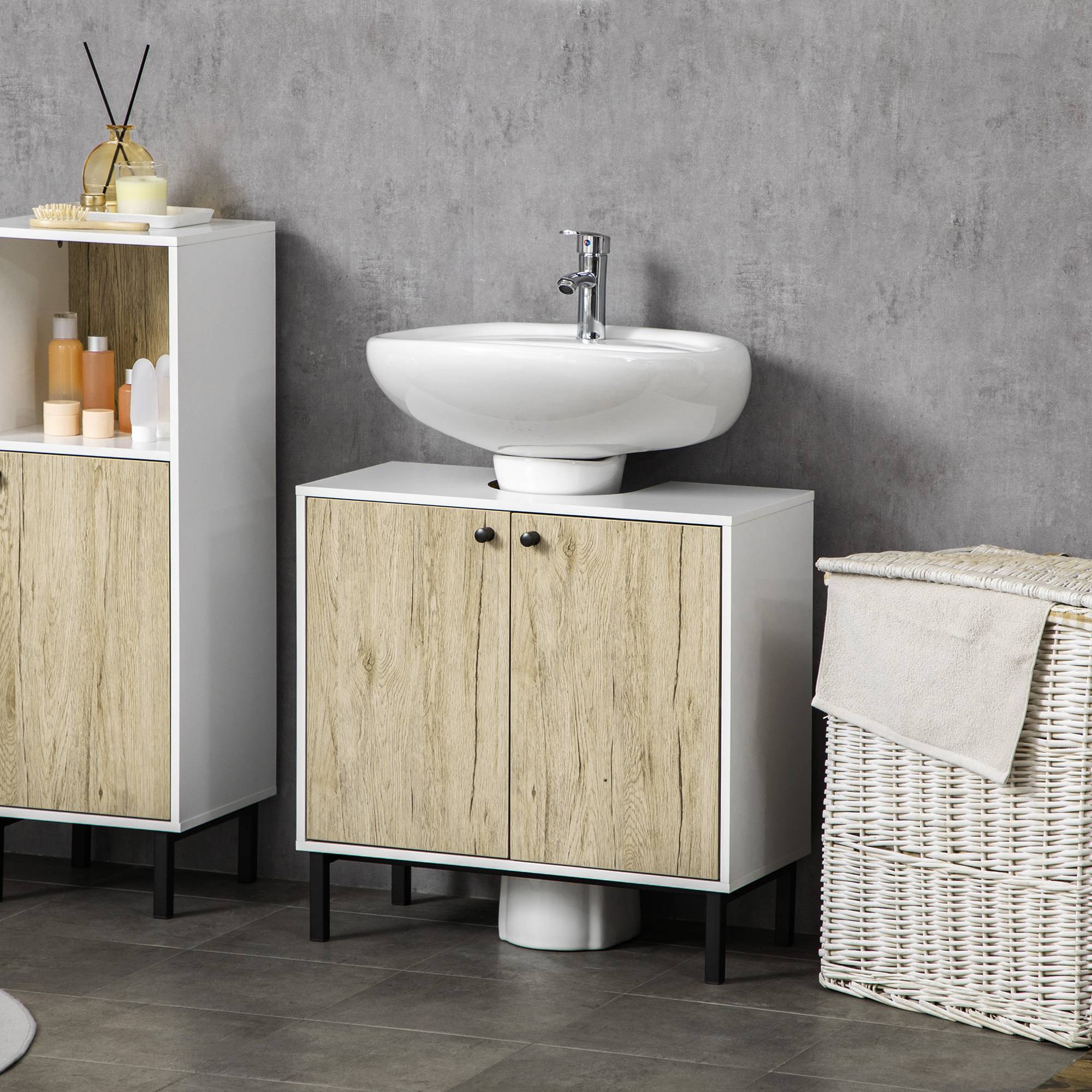 Sans Marque - Meuble sous-vasque salle bain 2 portes étagère intérieure aggloméré acier 60x30x60 cm blanc chêne - Image 4