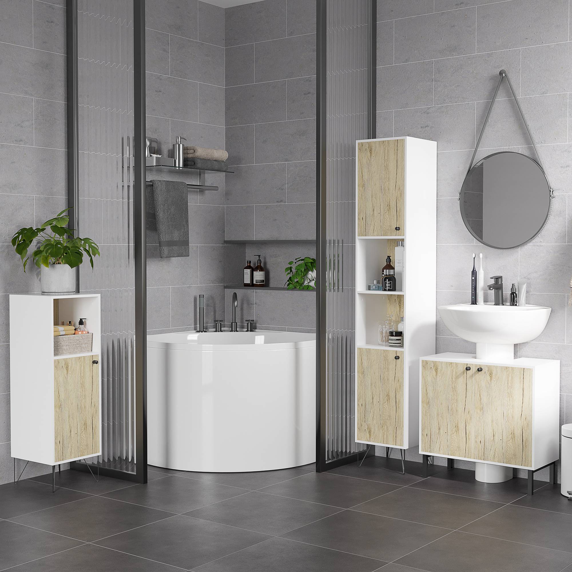 Sans Marque - Meuble sous-vasque salle bain 2 portes étagère intérieure aggloméré acier 60x30x60 cm blanc chêne - Image 3