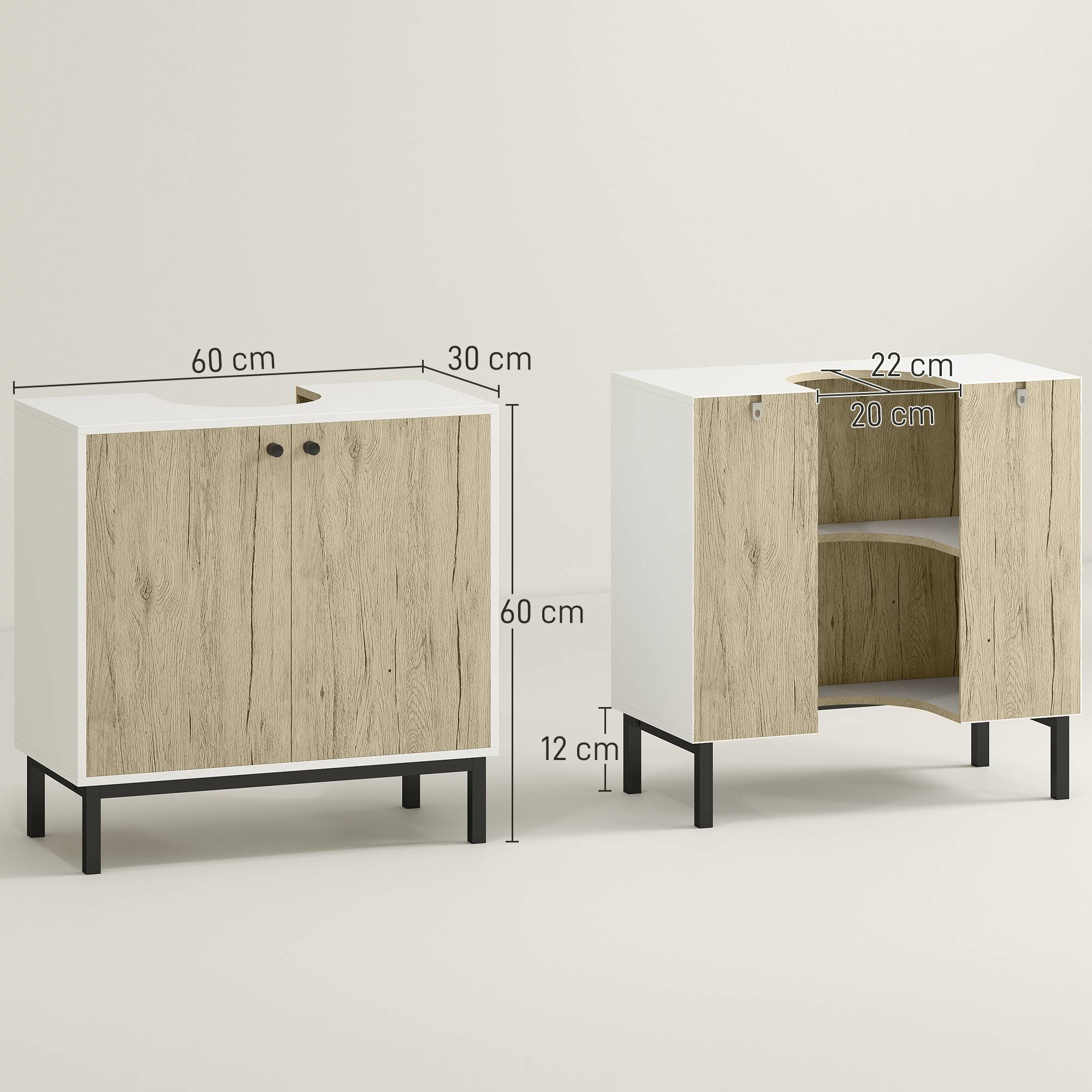 Sans Marque - Meuble sous-vasque salle bain 2 portes étagère intérieure aggloméré acier 60x30x60 cm blanc chêne - Image 5