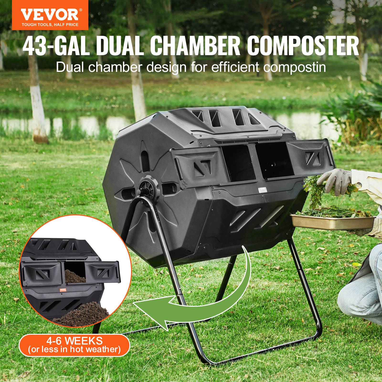 VEVOR Composteur jardin rotatif 162,7 L, double chambre. Sans BPA, pour déchets organiques. - Image 2