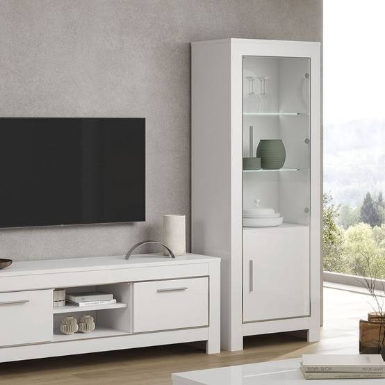 Vitrine Droite Laquée Blanc Brillant avec Eclairage Led - DENAE - Image 3
