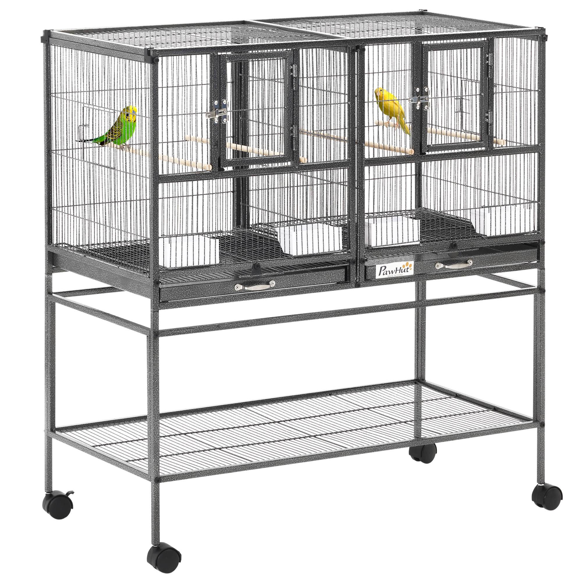 Pawhut - Cage à oiseaux avec séparation mangeoire et perchoir 95L x 45l x 102H cm Noir et Gris - Imagen 1