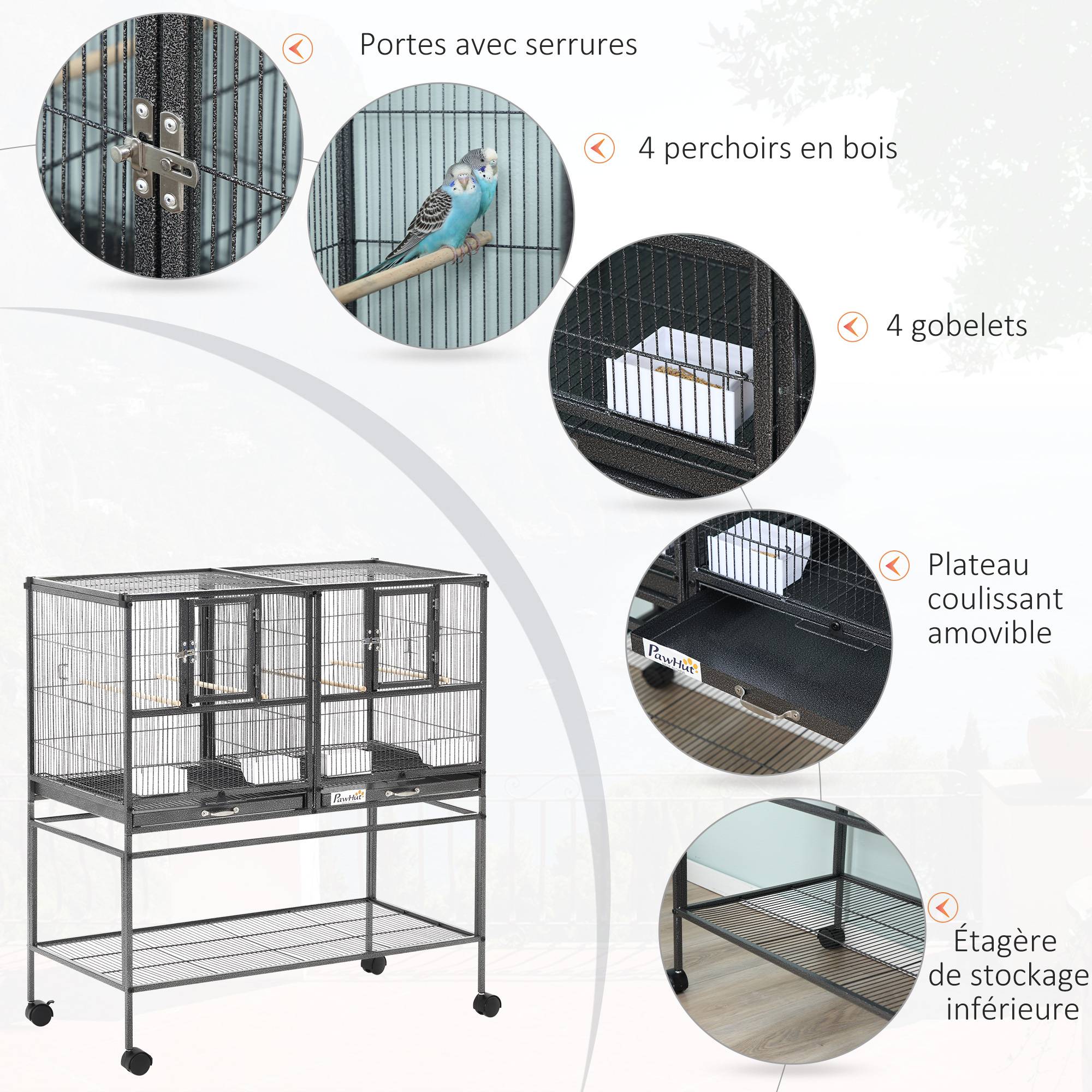 Pawhut - Cage à oiseaux avec séparation mangeoire et perchoir 95L x 45l x 102H cm Noir et Gris - Imagen 4