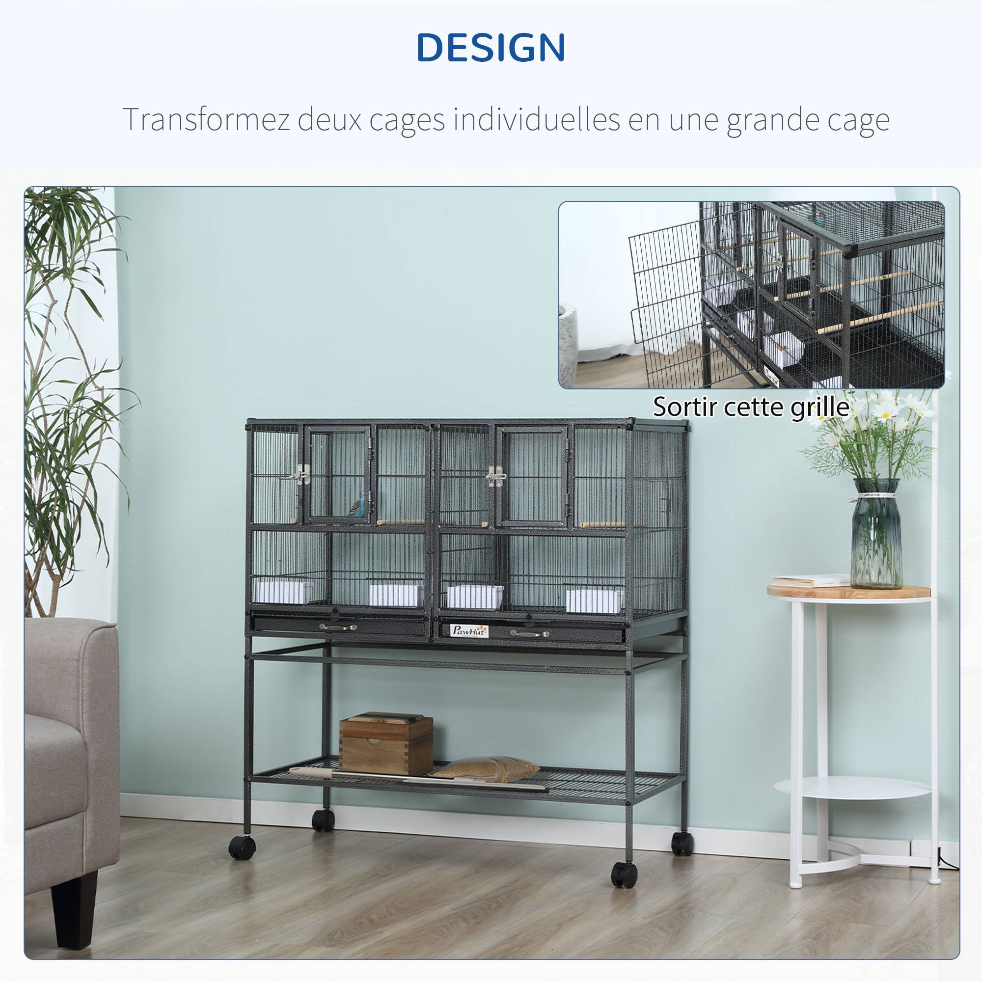 Pawhut - Cage à oiseaux avec séparation mangeoire et perchoir 95L x 45l x 102H cm Noir et Gris - Imagen 6