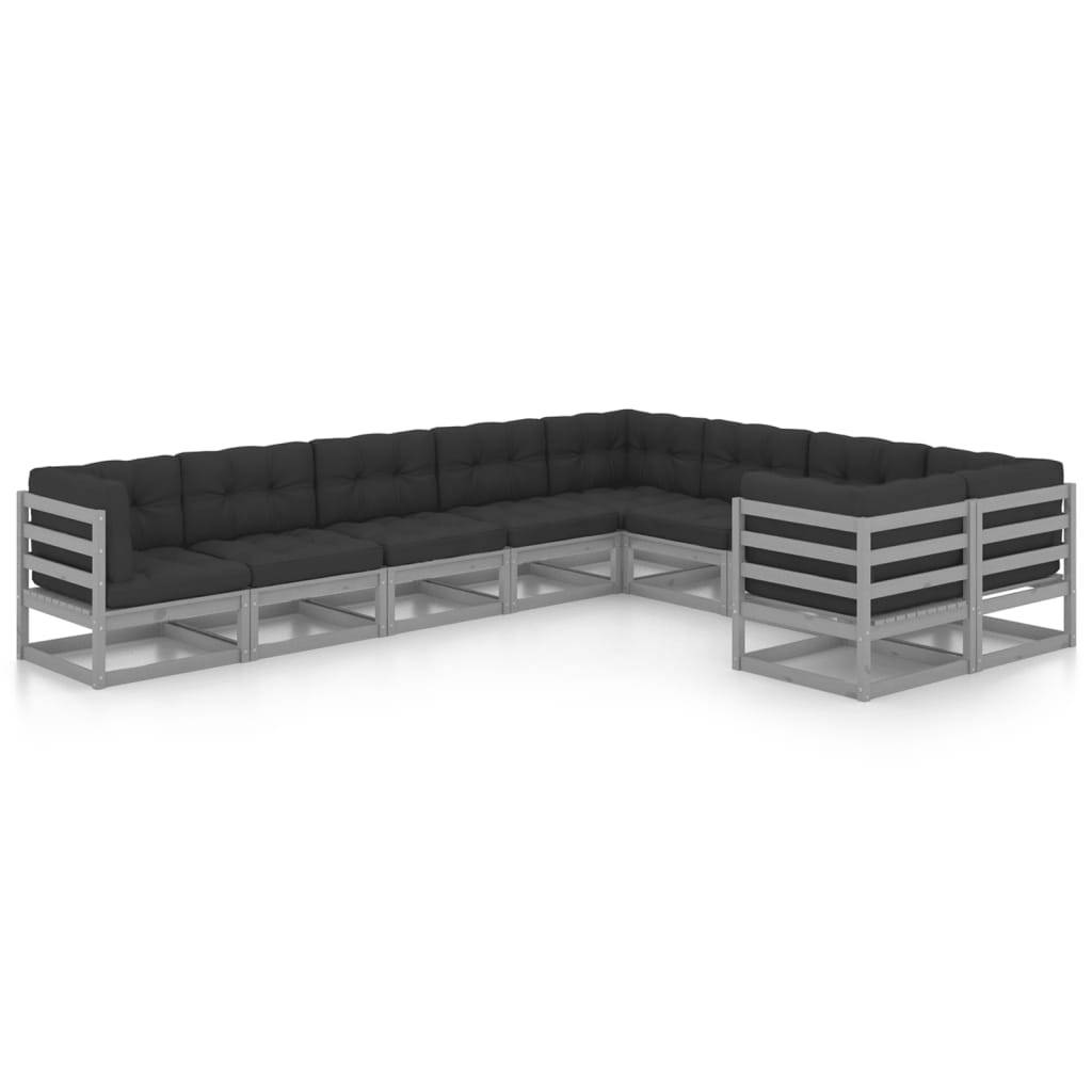 Helloshop26 - Salon de jardin meuble d'extérieur ensemble de mobilier 9 pièces avec coussins gris bois de pin massif - Imagen 1