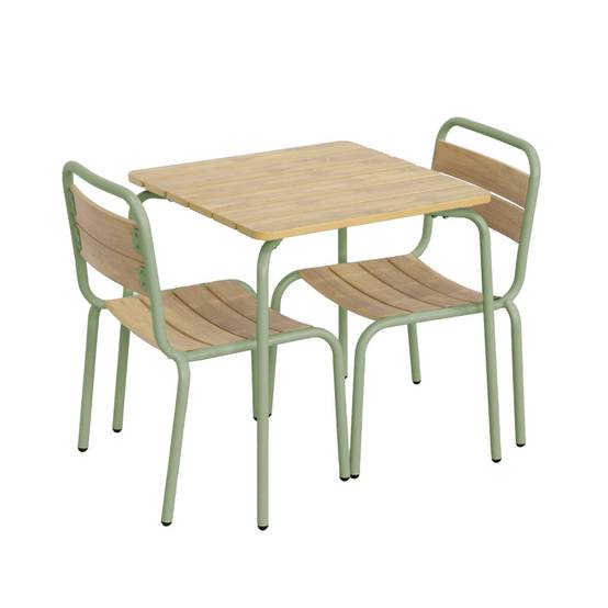 sweeek - Table de jardin enfant acier et décor bois + 2 assises vert de gris - Suzie | sweeek - Image 1