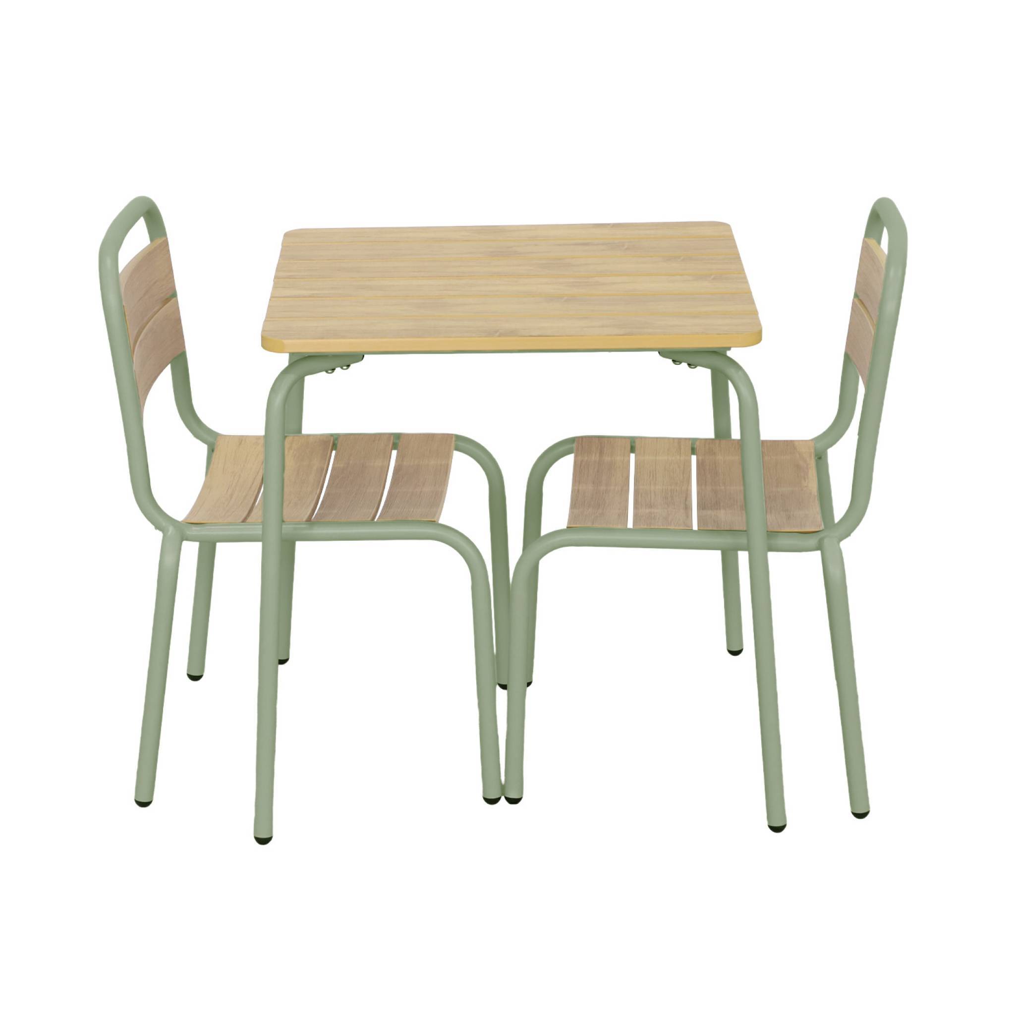 sweeek - Table de jardin enfant acier et décor bois + 2 assises vert de gris - Suzie | sweeek - Image 2