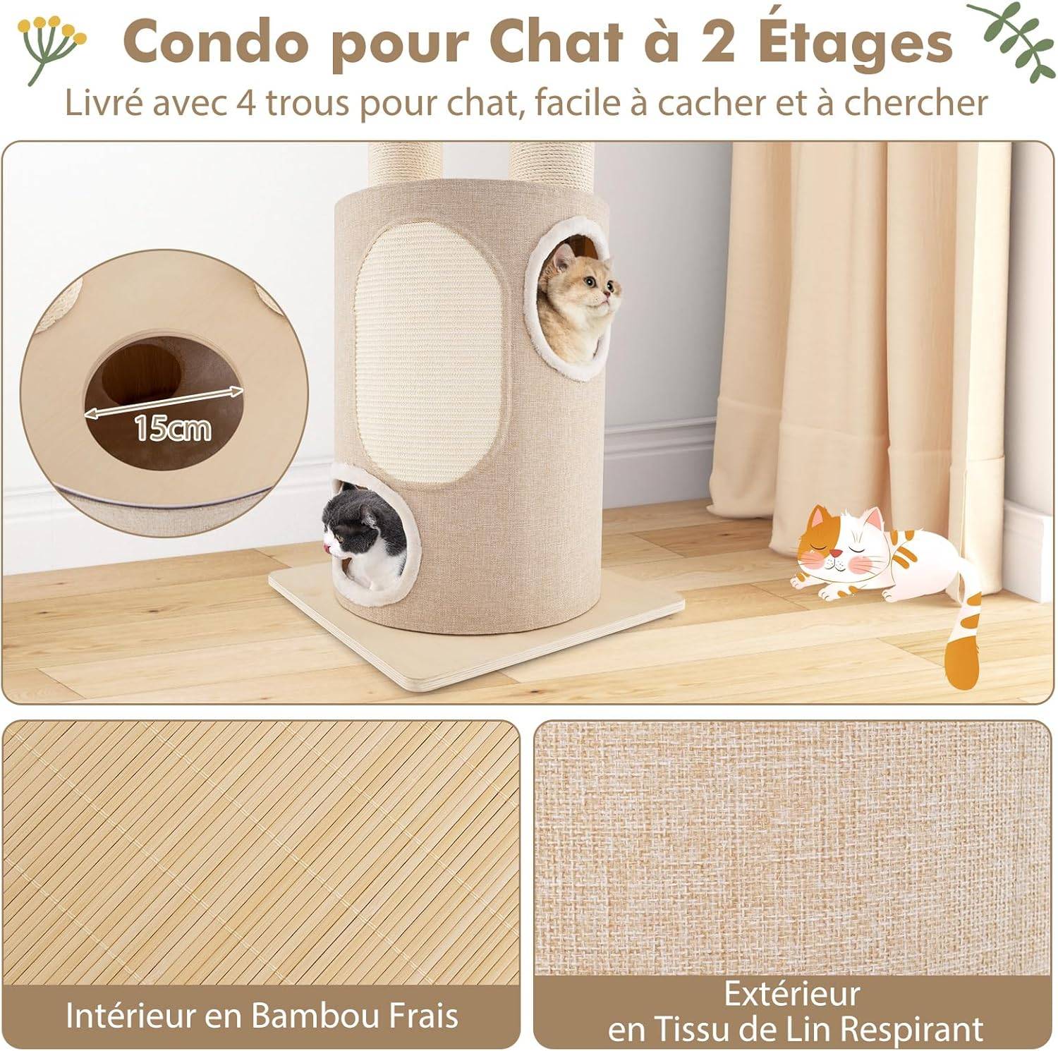 Costway - Arbre à Chat XXL 187 cm, Tour Chat Griffoir avec 4 Trous, 2 Poteaux à Griffer ɸ14.2 cm, Tour pour Chat Interieur avec 2 Plateformes, Natruel - Image 4
