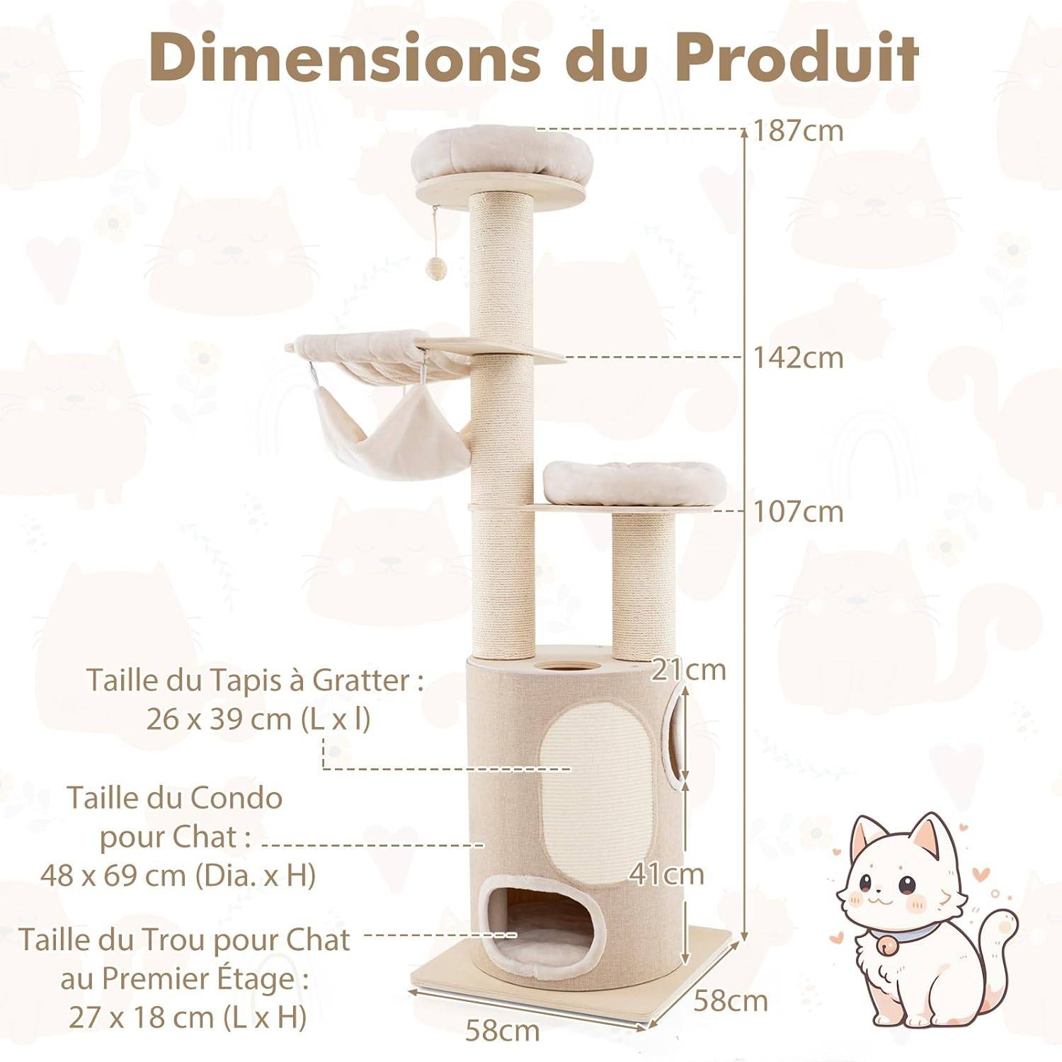 Costway - Arbre à Chat XXL 187 cm, Tour Chat Griffoir avec 4 Trous, 2 Poteaux à Griffer ɸ14.2 cm, Tour pour Chat Interieur avec 2 Plateformes, Natruel - Image 3
