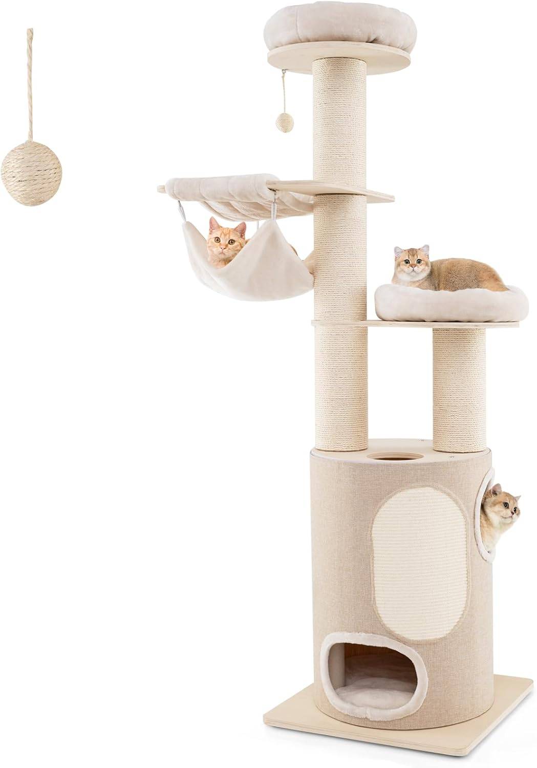 Costway - Arbre à Chat XXL 187 cm, Tour Chat Griffoir avec 4 Trous, 2 Poteaux à Griffer ɸ14.2 cm, Tour pour Chat Interieur avec 2 Plateformes, Natruel - Image 1