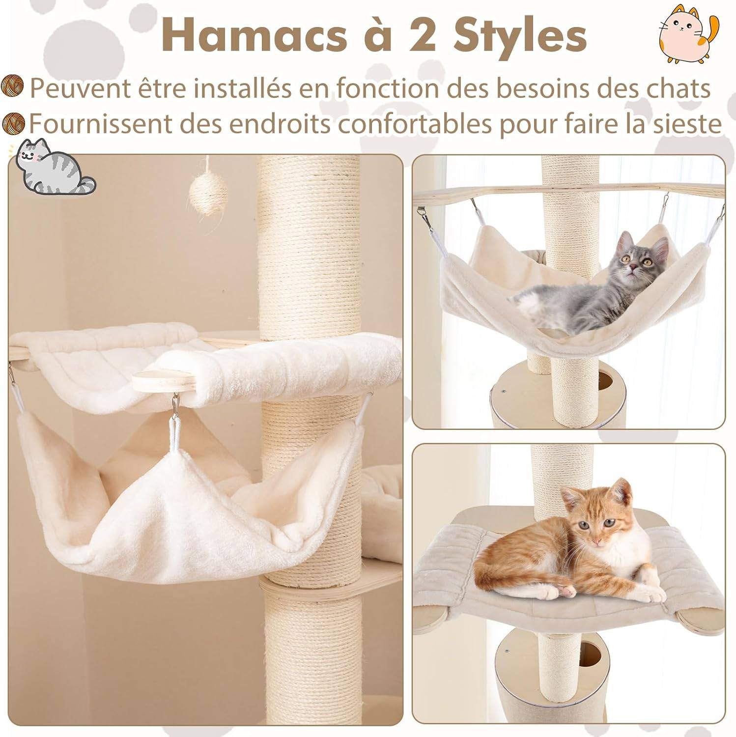 Costway - Arbre à Chat XXL 187 cm, Tour Chat Griffoir avec 4 Trous, 2 Poteaux à Griffer ɸ14.2 cm, Tour pour Chat Interieur avec 2 Plateformes, Natruel - Image 5