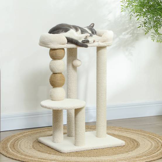Sans Marque - Arbre à chat de 76 cm de hauteur avec doublure en sherpa, plateformes, balle suspendue et poteau en jute beige - Image 2