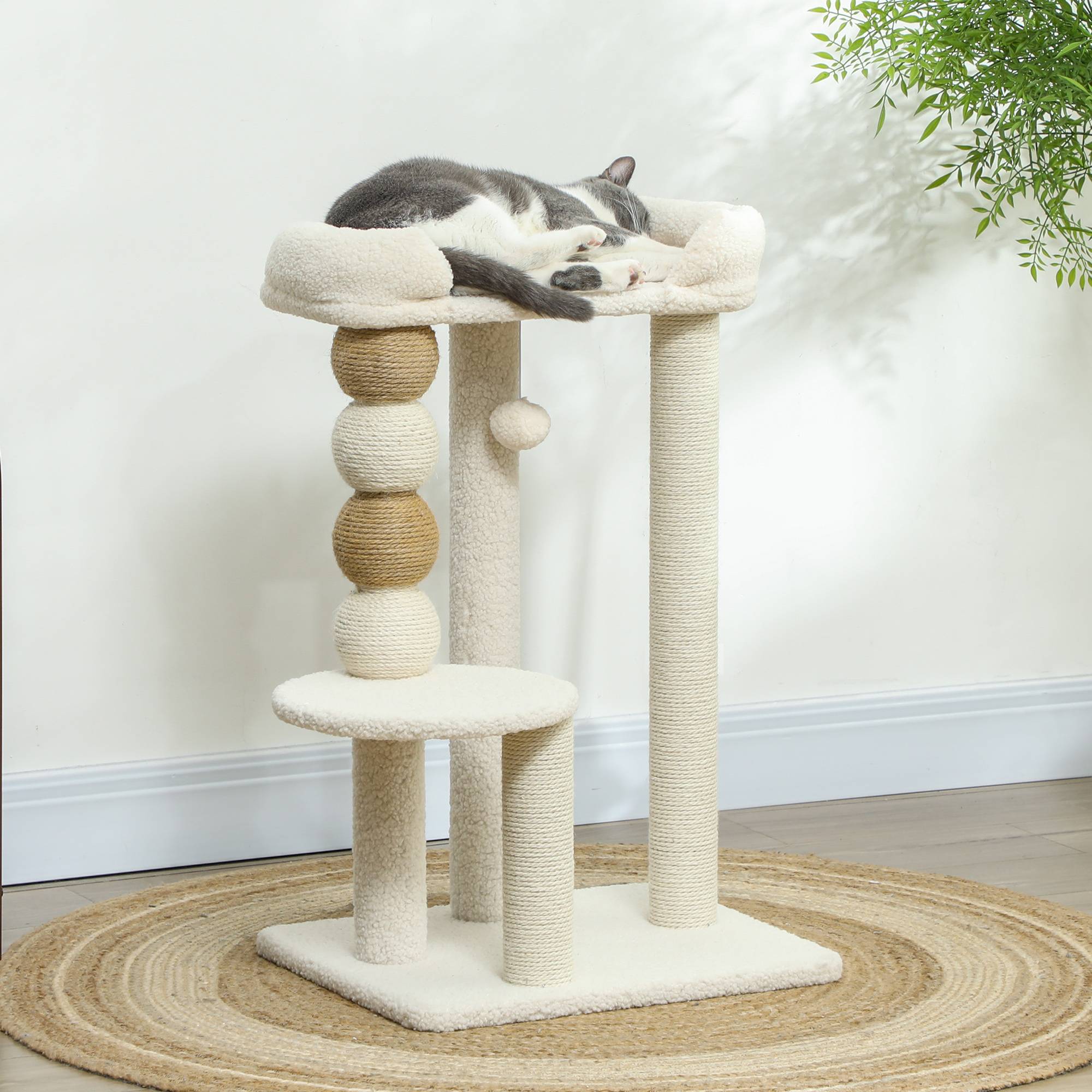 Sans Marque - Arbre à chat de 76 cm de hauteur avec doublure en sherpa, plateformes, balle suspendue et poteau en jute beige - Image 2