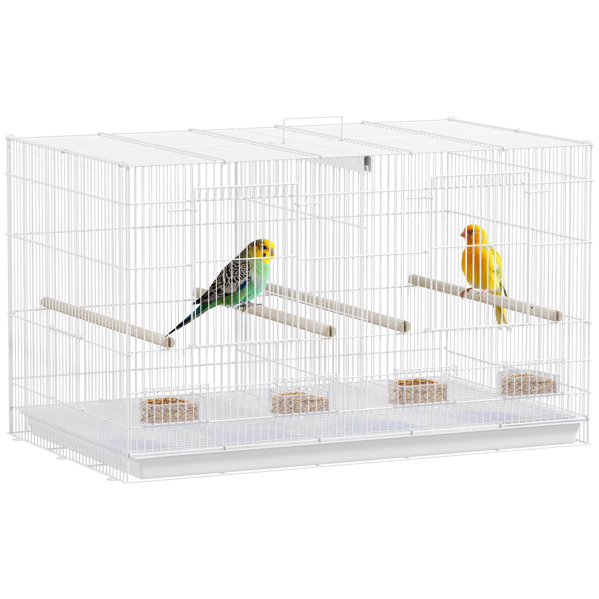 Sans Marque - Cage à Oiseaux Volière Intérieur Acier avec Séparateur, 4 Perchoirs, Plateau Coulissant, 4 Mangeoires, 76x46x46cm, Blanc