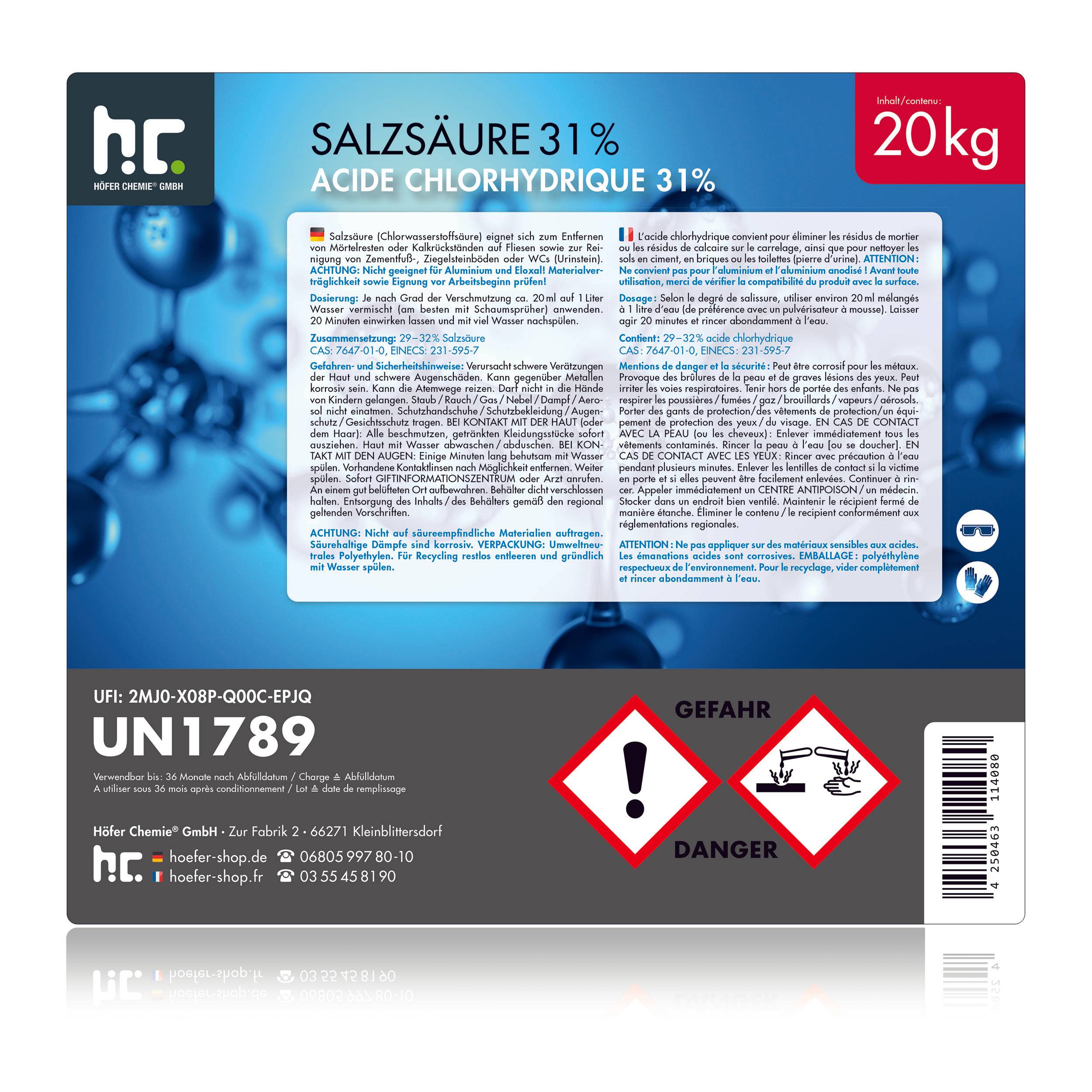 Acide chlorhydrique 29-32% Höfer Chemie® en bidon de 20 KG x 1 - Imagen 5