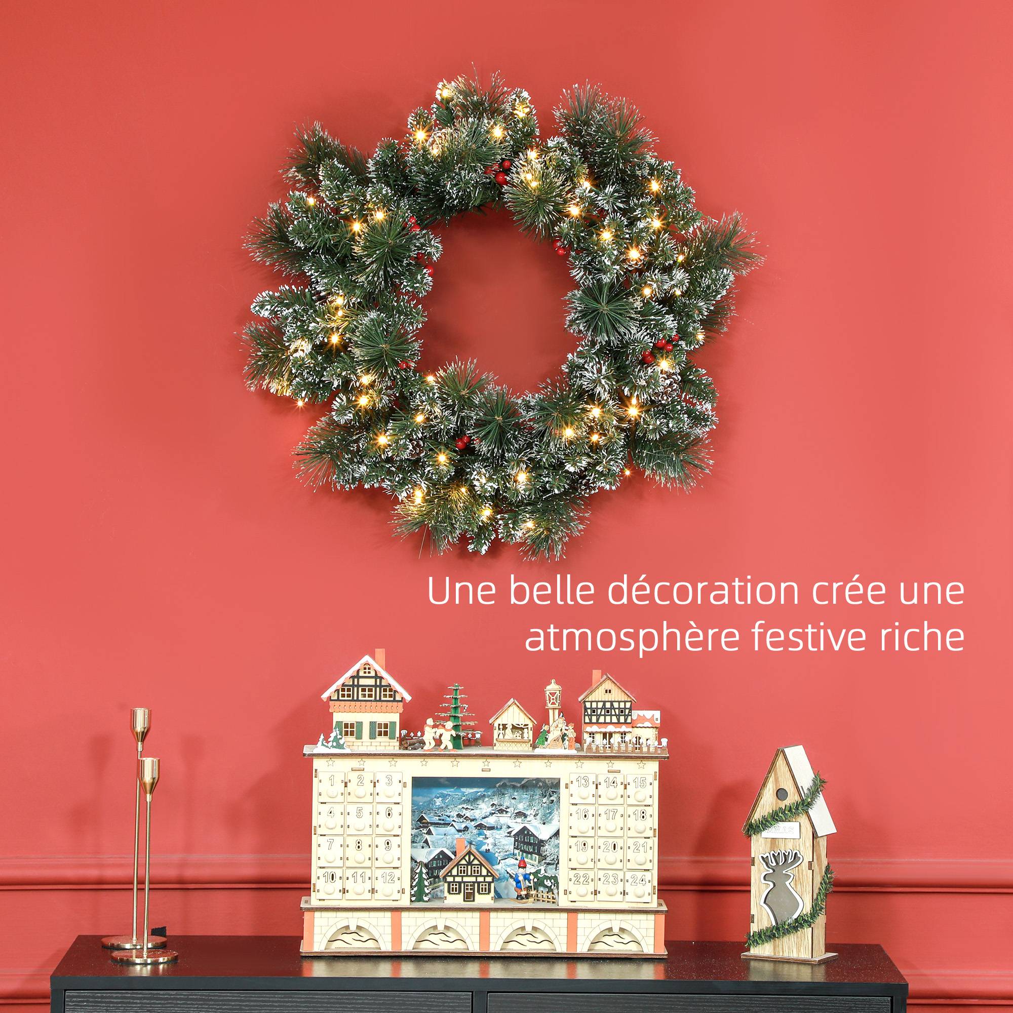 ComfortXL - Couronne de Noël lumineuse en plastique vert Ø 60 cm pour porte avec baies rouges 50 LED et minuterie 6 h - Image 4