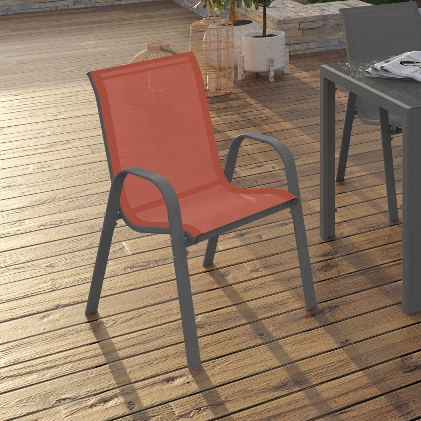 Lot de 6 chaises de jardin LYMA métal et textilène empilables gris noir et terracotta - Image 1