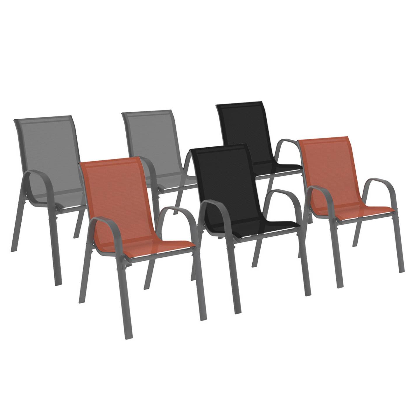 Lot de 6 chaises de jardin LYMA métal et textilène empilables gris noir et terracotta - Image 2