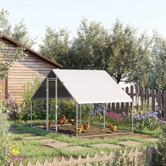 Enclos Poulailler Extérieur Acier Galvanisé 6m² Poules Lapins Toit Bâche 3x2x2m Argent - ComfortXL Pet Living - Image 1