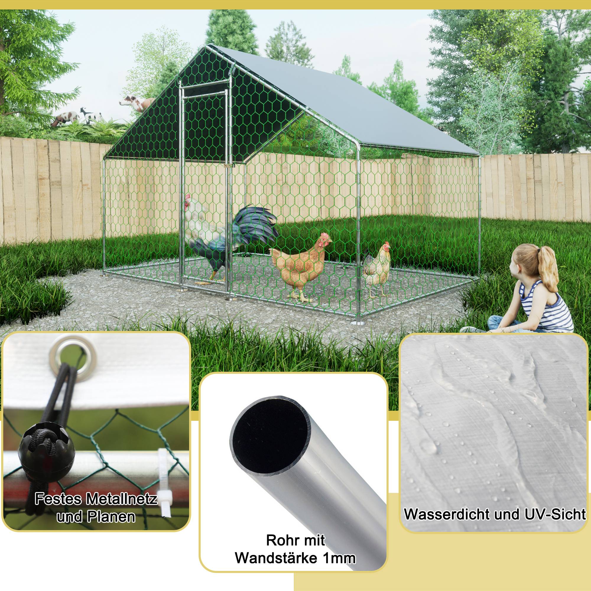 Enclos Poulailler Acier Galvanisé 6.06m² Poules Lapins Promenade Sécurisée 3x2x2m - ComfortXL Pet Living - Image 6