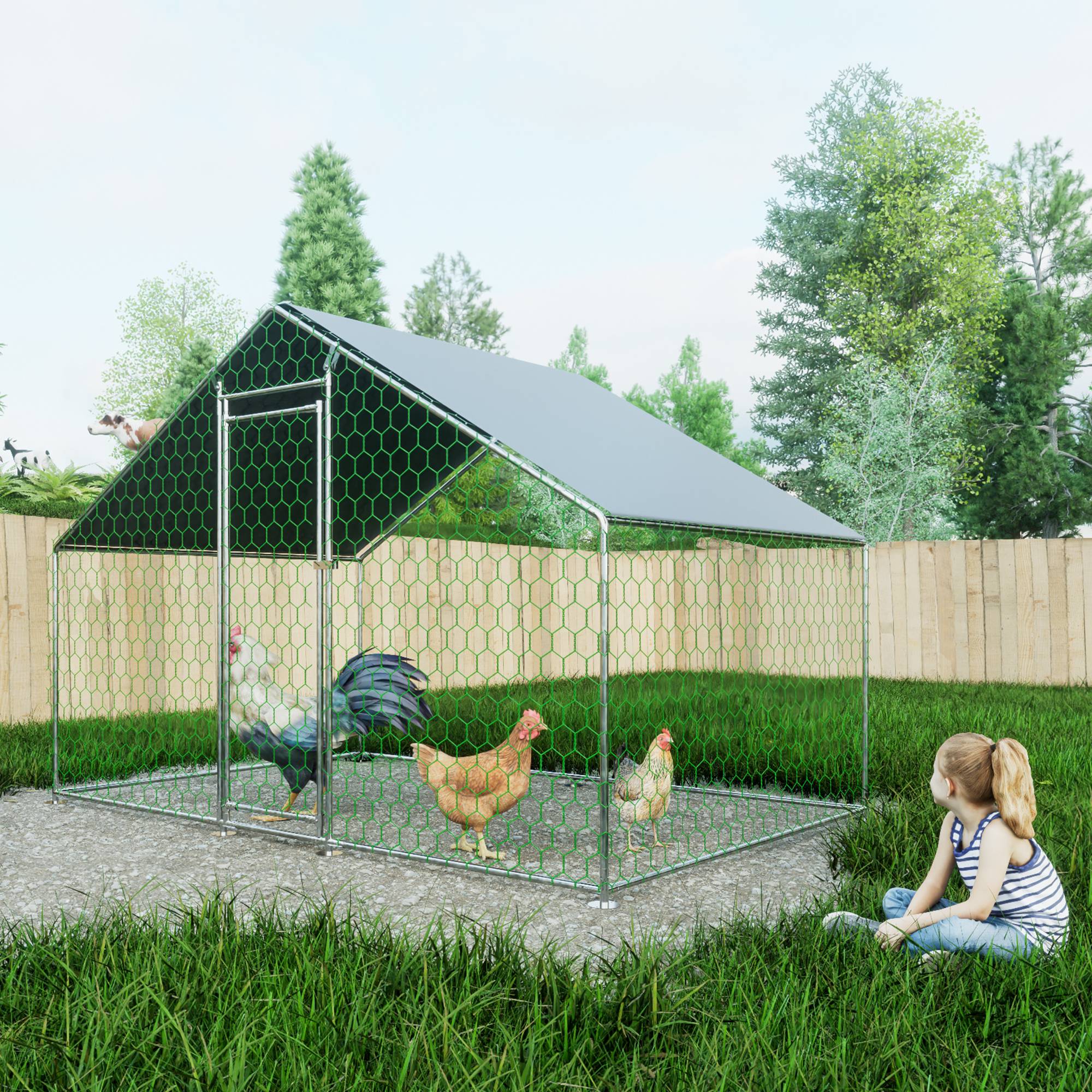 Enclos Poulailler Acier Galvanisé 6.06m² Poules Lapins Promenade Sécurisée 3x2x2m - ComfortXL Pet Living