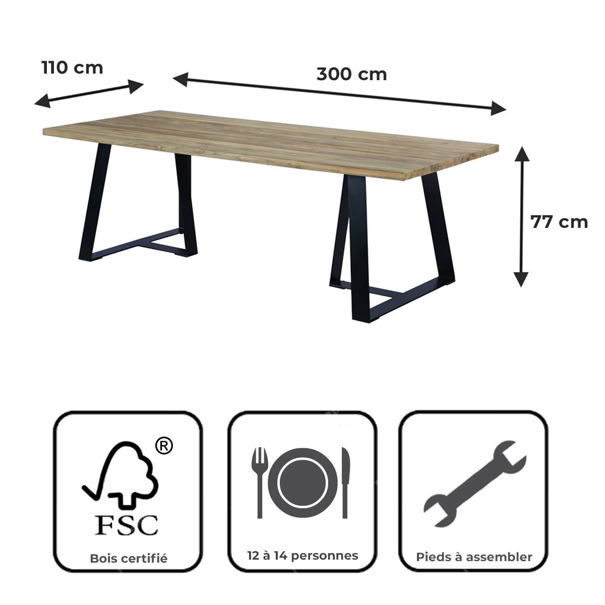 Table métal anthracite et teck recyclé 300 x 110 cm Orsay - Gecko Jardin - Imagen 9