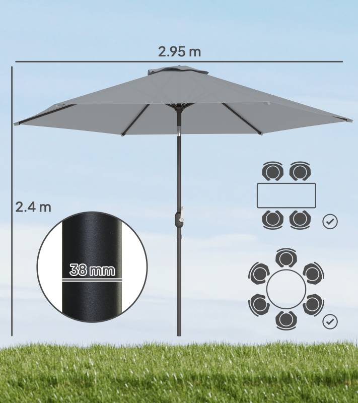 Parasol droit polyester jardin terrasse inclinable avec manivelle Ø295cm gris - ComfortXL Outdoor Living - Image 3