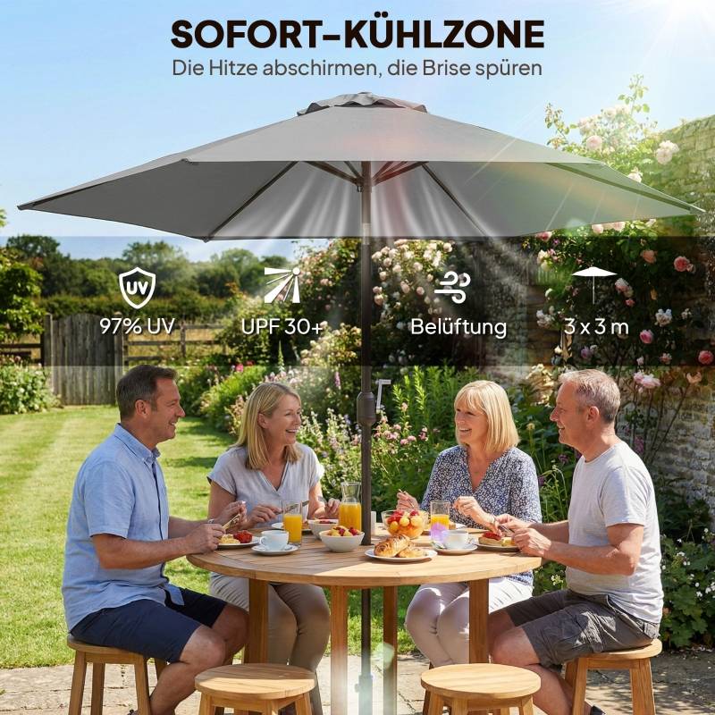 Parasol droit polyester jardin terrasse inclinable avec manivelle Ø295cm gris - ComfortXL Outdoor Living - Image 5