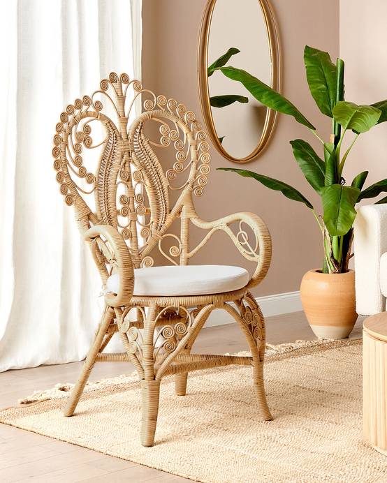 Chaise Paon en Rotin Clair et Coussin en Polyester Déhoussable Tissage Massif Petit Fauteuil Léger et Facile à Transporter - Image 2