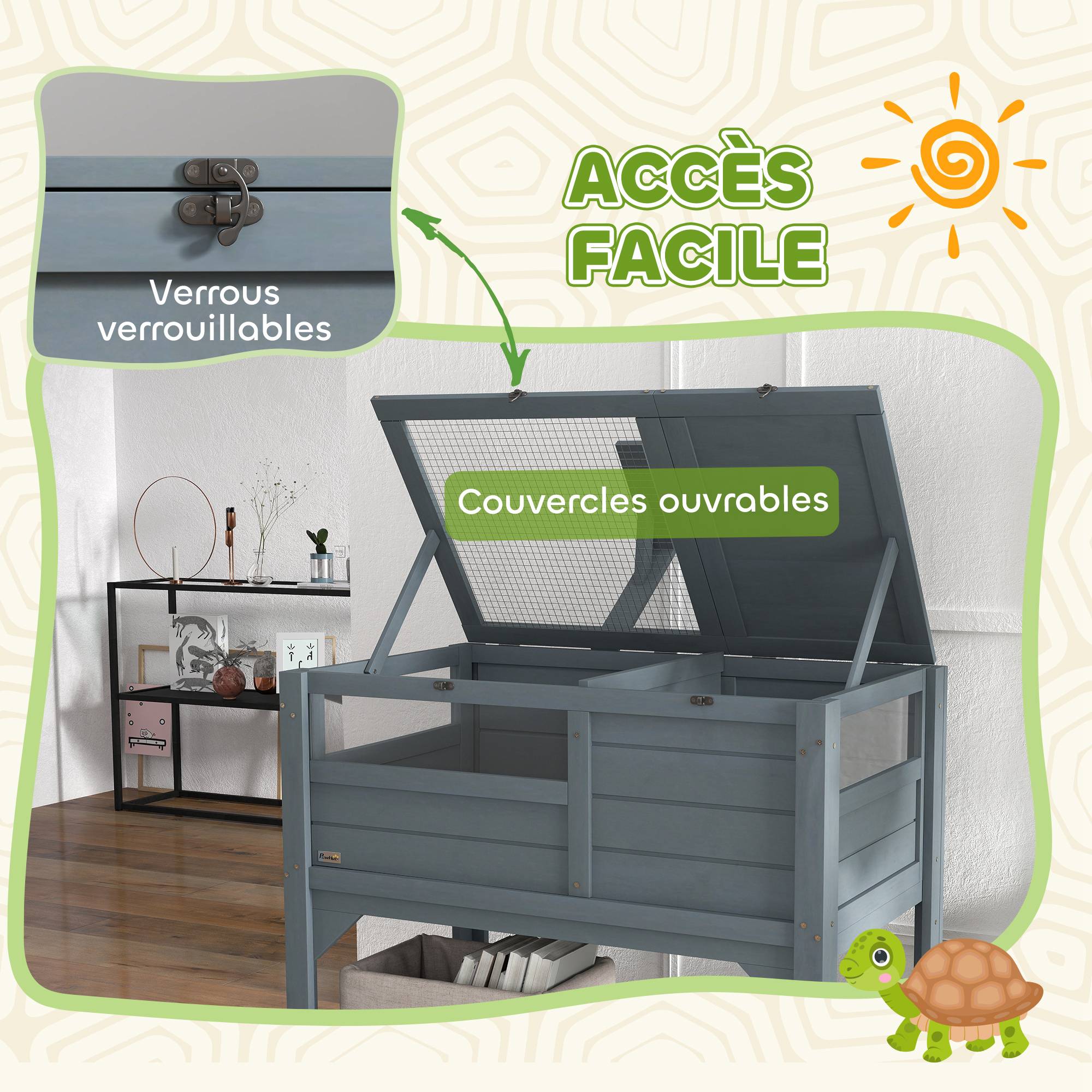Enclos pour tortues sur pieds bois de sapin naturel 84 x 51 x 103 cm - PANGIVO - Image 8