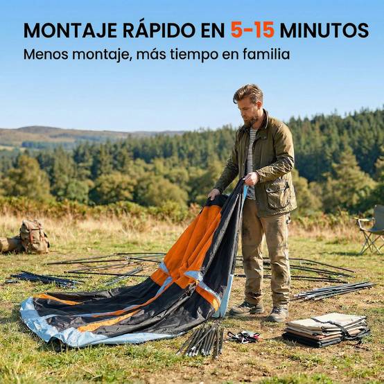 Tente tunnel familiale pour 4 personnes avec 2 pièces, portes, puits de lumière, imperméable, montage facile - Image 10