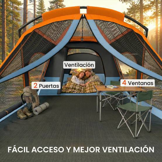 Tente tunnel familiale pour 4 personnes avec 2 pièces, portes, puits de lumière, imperméable, montage facile - Image 8