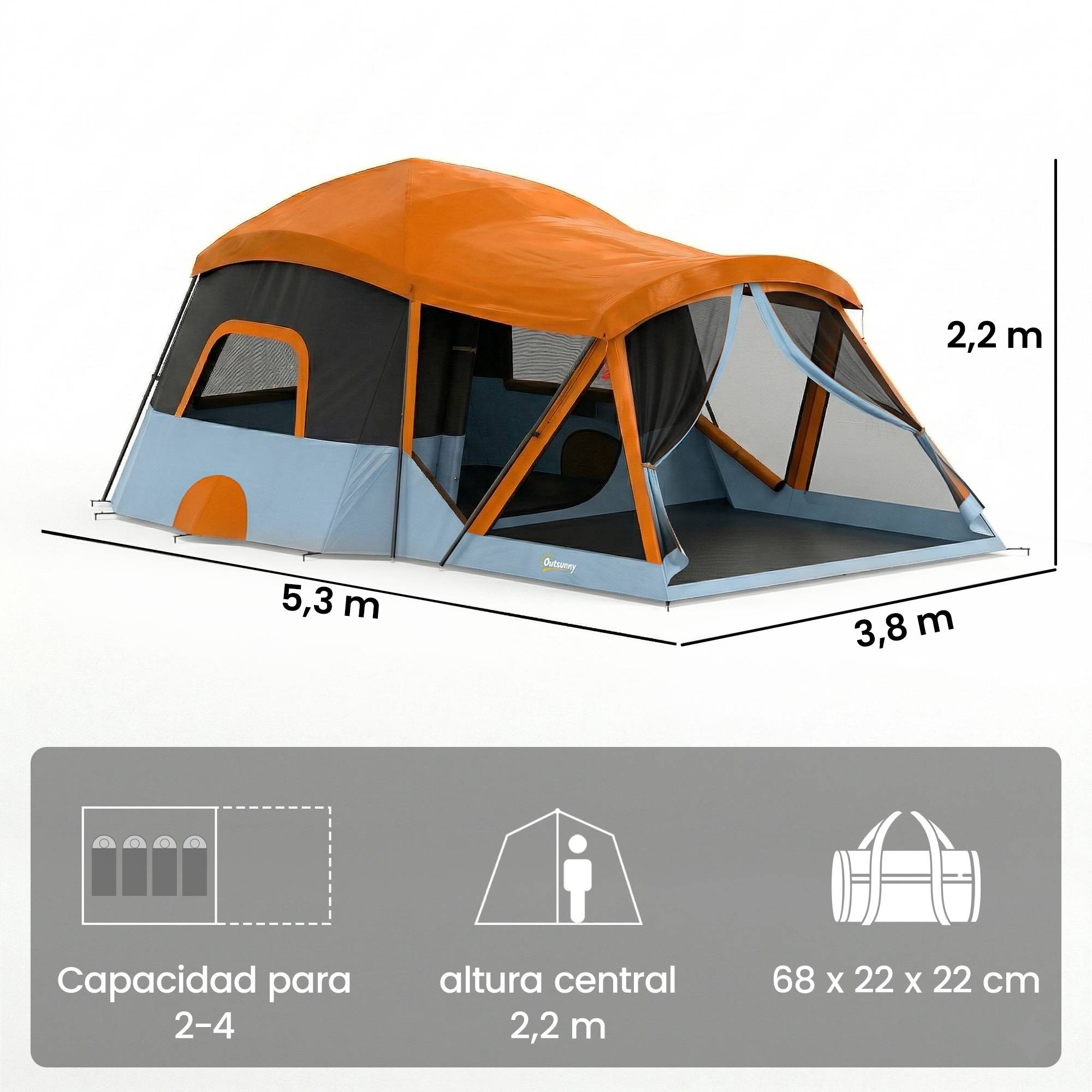 Tente tunnel familiale pour 4 personnes avec 2 pièces, portes, puits de lumière, imperméable, montage facile - Image 5