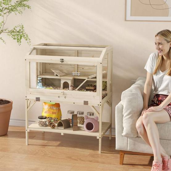 Cage pour Hamster à 2 Niveaux avec Rangement, Accessoires, Bois Naturel, 84 x 53 x 110 cm - PANGIVO - Image 2