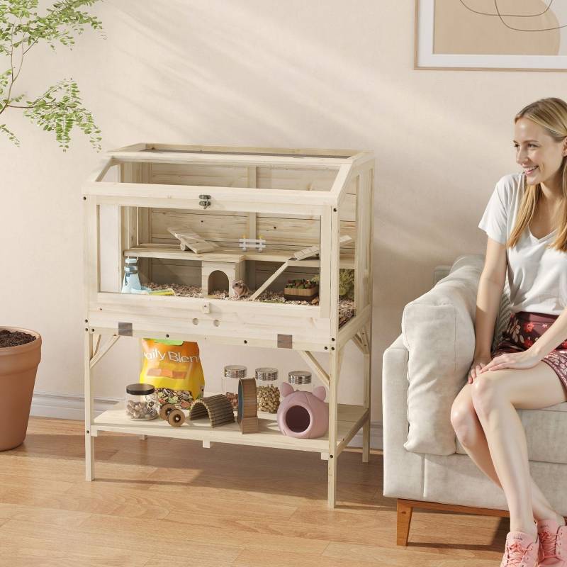 Cage pour Hamster à 2 Niveaux avec Rangement, Accessoires, Bois Naturel, 84 x 53 x 110 cm - PANGIVO - Image 2