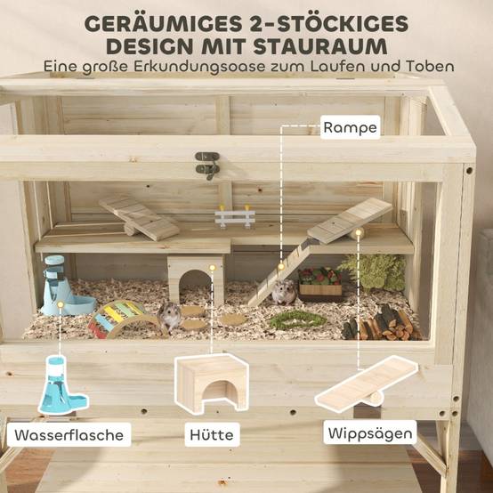 Cage pour Hamster à 2 Niveaux avec Rangement, Accessoires, Bois Naturel, 84 x 53 x 110 cm - PANGIVO - Image 4