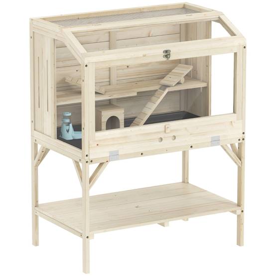 Cage pour Hamster à 2 Niveaux avec Rangement, Accessoires, Bois Naturel, 84 x 53 x 110 cm - PANGIVO - Image 1