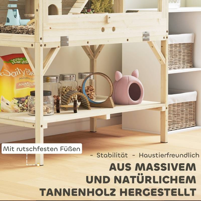 Cage pour Hamster à 2 Niveaux avec Rangement, Accessoires, Bois Naturel, 84 x 53 x 110 cm - PANGIVO - Image 7